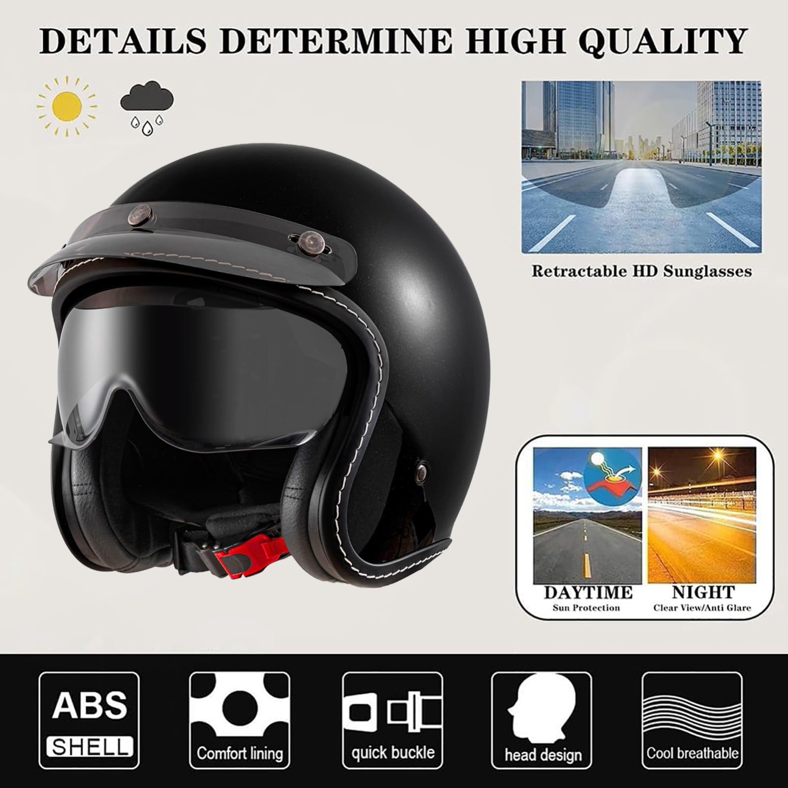 Casque De Moto Jet, Casque Vintage pour Cruiser, Scooter Et Cyclomoteur, Homologué ECE 22.06, pour Hommes Et Femmes