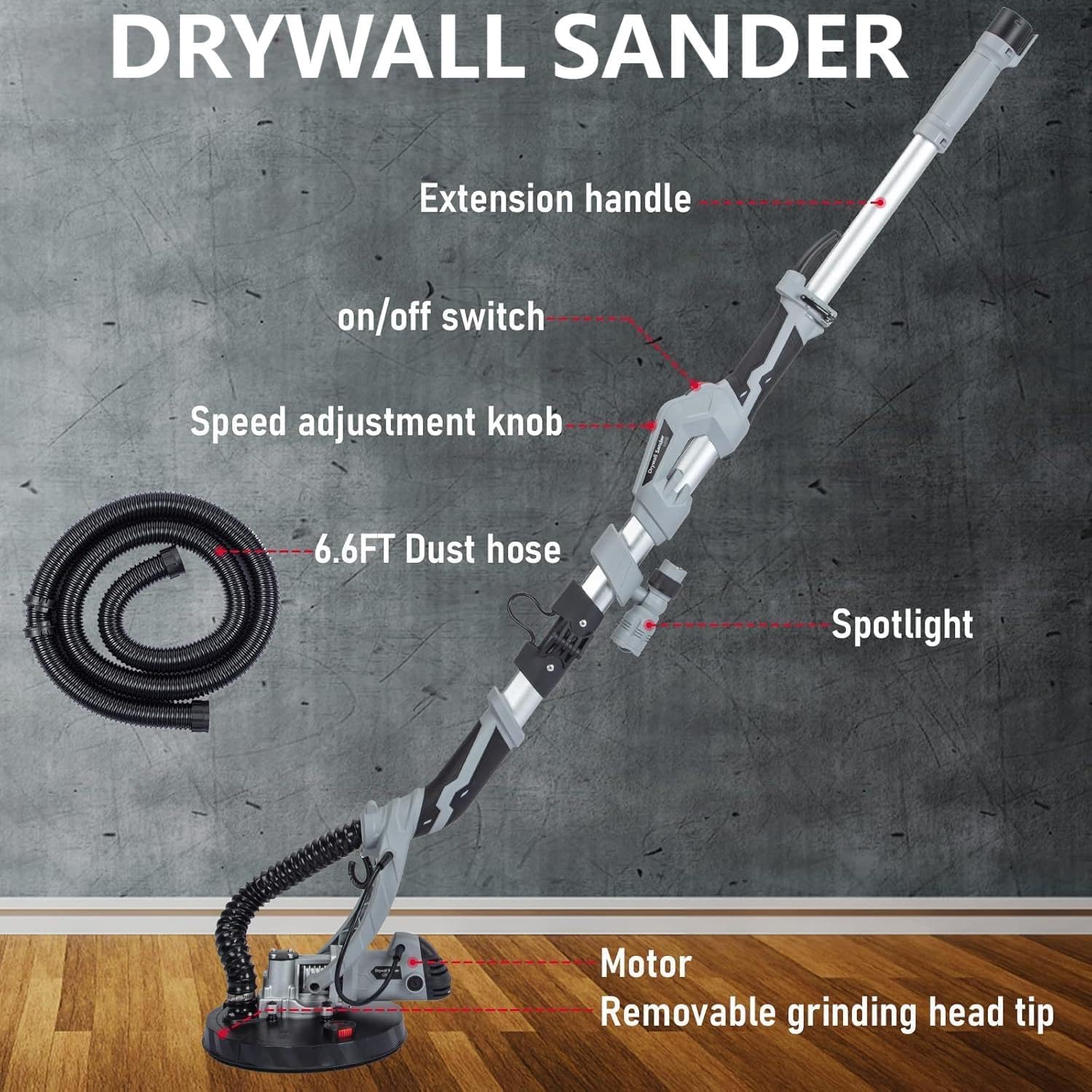 ElfinAura 710W Electric Drywall Sander - Variable Speed 800-1700RPM with 6.6FT Dust Hose, Adjustable Extension Rod, 6 Sanding Discs, LED Light & Carrying Bag.