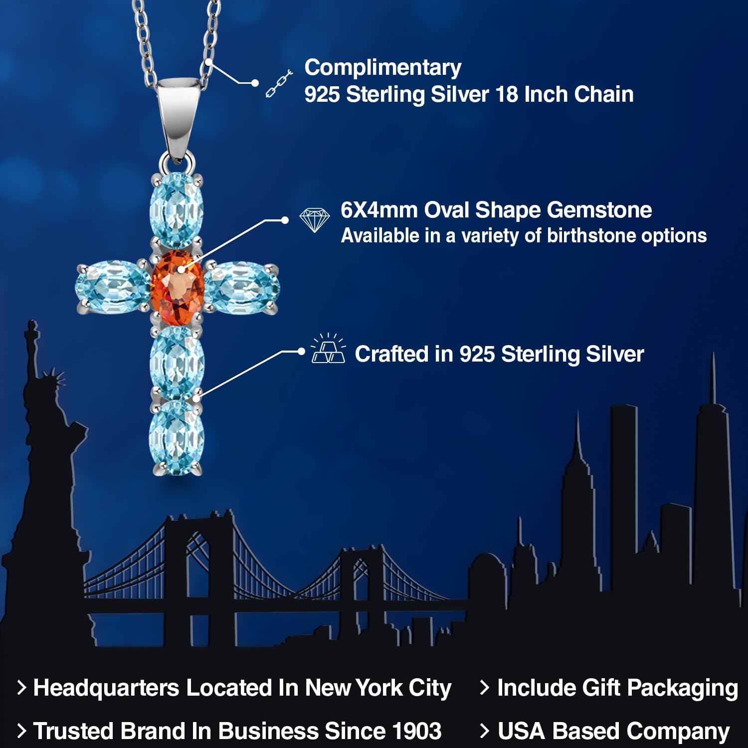 Gem Stone King 925 Sterling Silver Blue Zircon and Orange Sapphire Cross Pendant Necklace for Women | 3.80 Cttw | Gemstone Birthstone | Oval 6X4MM | With 18 Inch Chain - Image 2