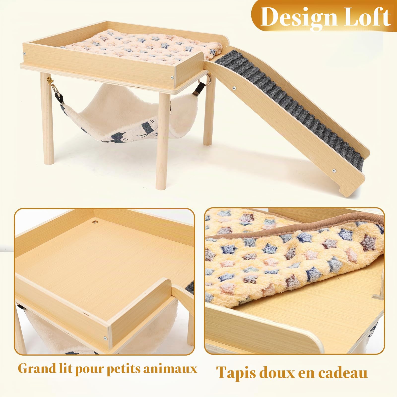 Maison Cochon d'Inde avec Rampe et Hamac, Naturel Cabane Lapin Intérieur, Cachette en Bois Petits Animaux de Compagnie, Hamsters Nains, Chinchilla
