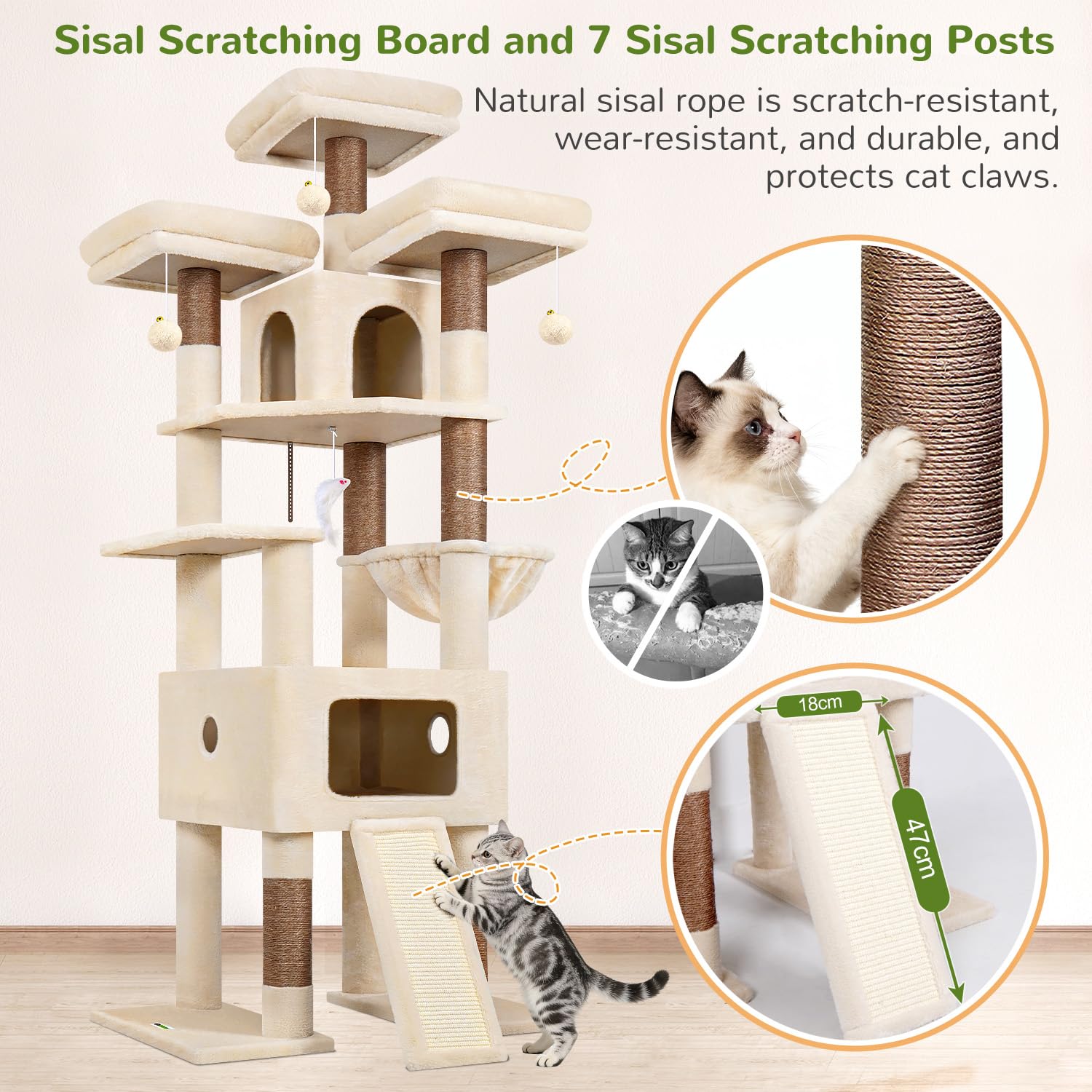Globlazer Árbol Rascador Beige XXL para Gatos Grande 192 cm con Inmenso Nidos 48*48*30CM, 3 Perchas Acolchadas, Cesta, Tabla Rascar Sisal, Estable Arbol Torre para 3-4 Grande Gatos Jugar (F75, Beige) | Inmerso cuevas, 3 perchas acolchadas, cestas, rampa d