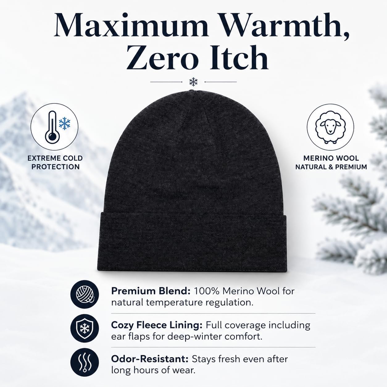 XXL Oversized 100% Merino Wool Beanie Hat for Men & Women, Extra Large Warm Winter Cap for Big Heads, Stretchy Knitted Cap