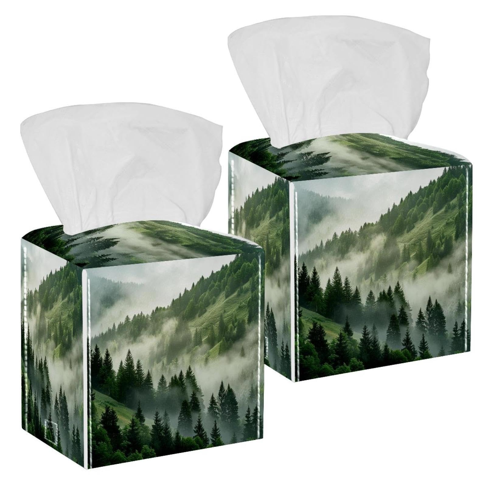 Cloud Pine Forest Tissue Box Cover, 2 Pack PU Leather Square Facial Tissue Dispenser Box holder for Home Office Car