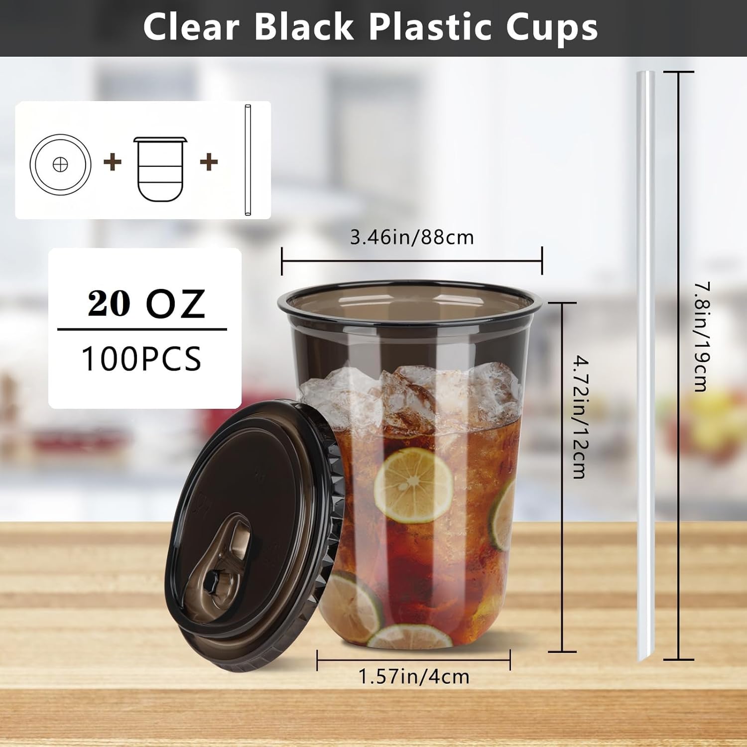 100 Sets Clear Plastic Cups with Lids and Straws, 20 oz Disposable PET Cups for Iced Coffee, Smoothies, Cold Drinks, Juice, Party, Coffee (100, Black (20 oz))
