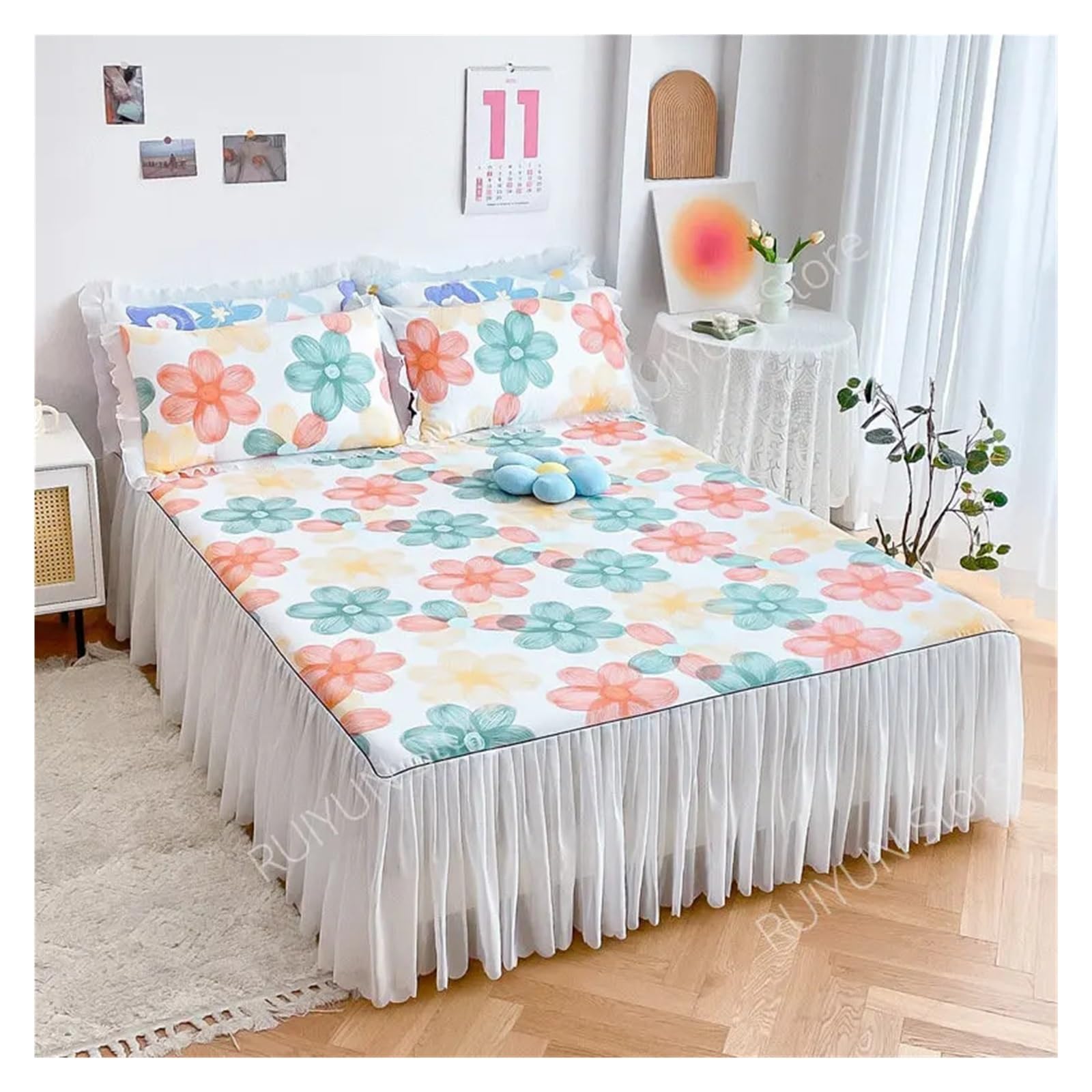 Decorative Lace Ruffled Non-slip Mattress Cover Printed Bedsheet Bed Cover(Style 1,1pc Skirt 150x200cm)