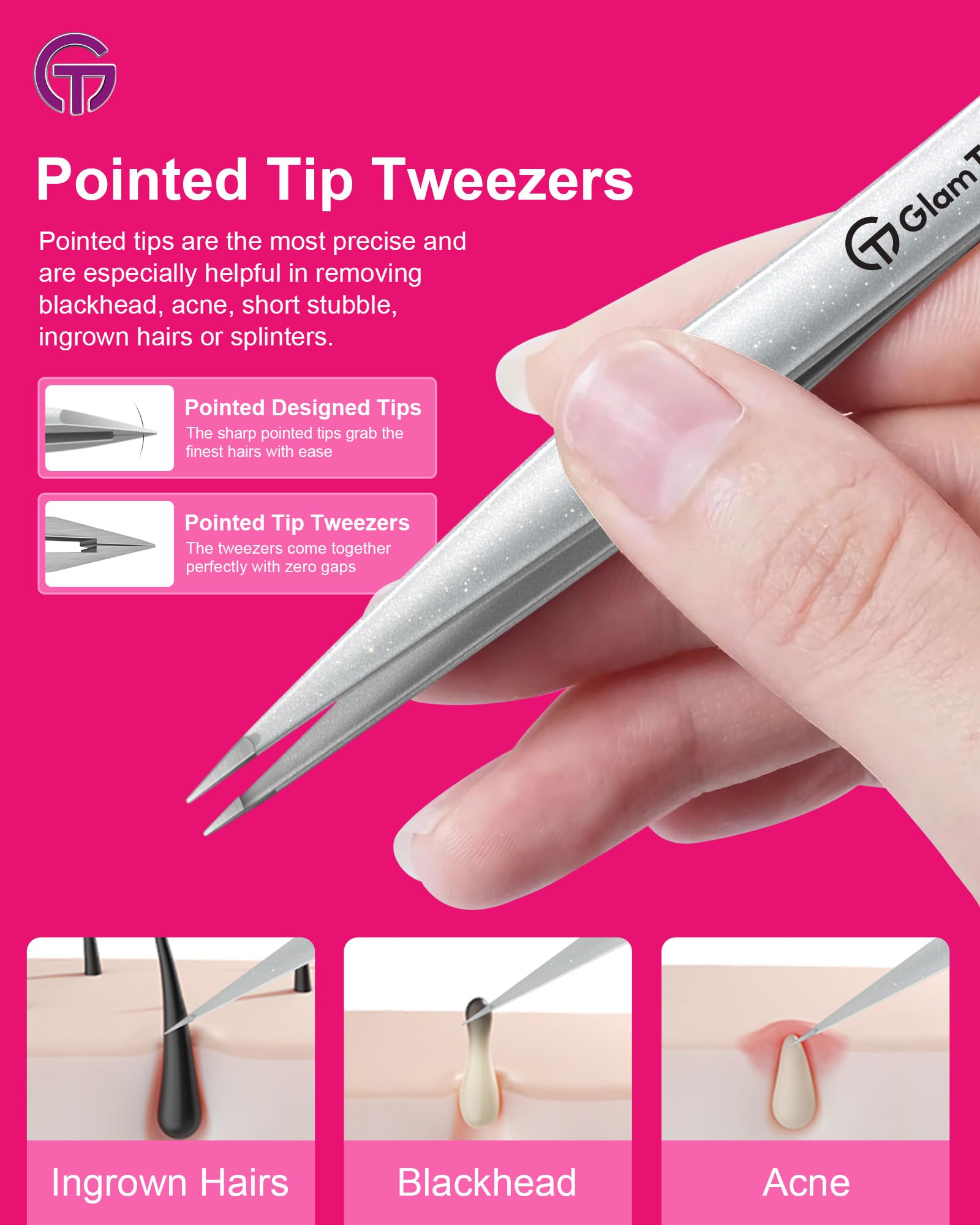 GlamTweeler - Juego de pinzas de punta inclinada y puntiaguda con exclusiva funda de cuero, juego de pinzas afiladas y de precisión para cejas, vello facial y eliminación de vello fino (azul brillante