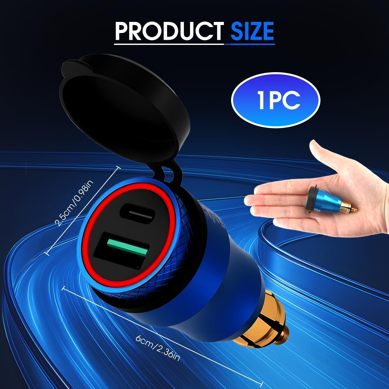 30W Cargador Enchufe DIN para Motocicleta Aluminium Admite Carga Rápida Type C+USB Integra un Indicador LED de Energía a Prueba de Agua para 12V-24V BMW Ducati Triumph