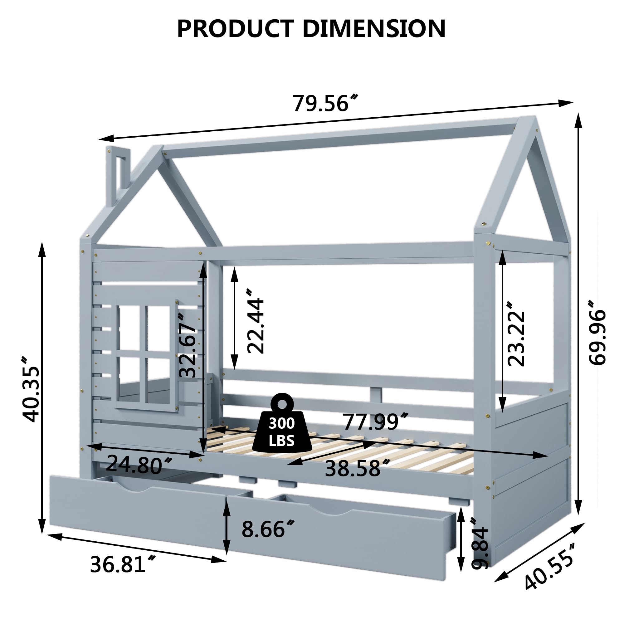 Aoowow Twin Size Kids House Bed with 2 Drawers, Wooden Twin Bed Frame with Window and Roof for Bedroom, Modern Twin Size Kid Playhouse Bed with Slats for Boys Girls, Can be Decorated, Grey