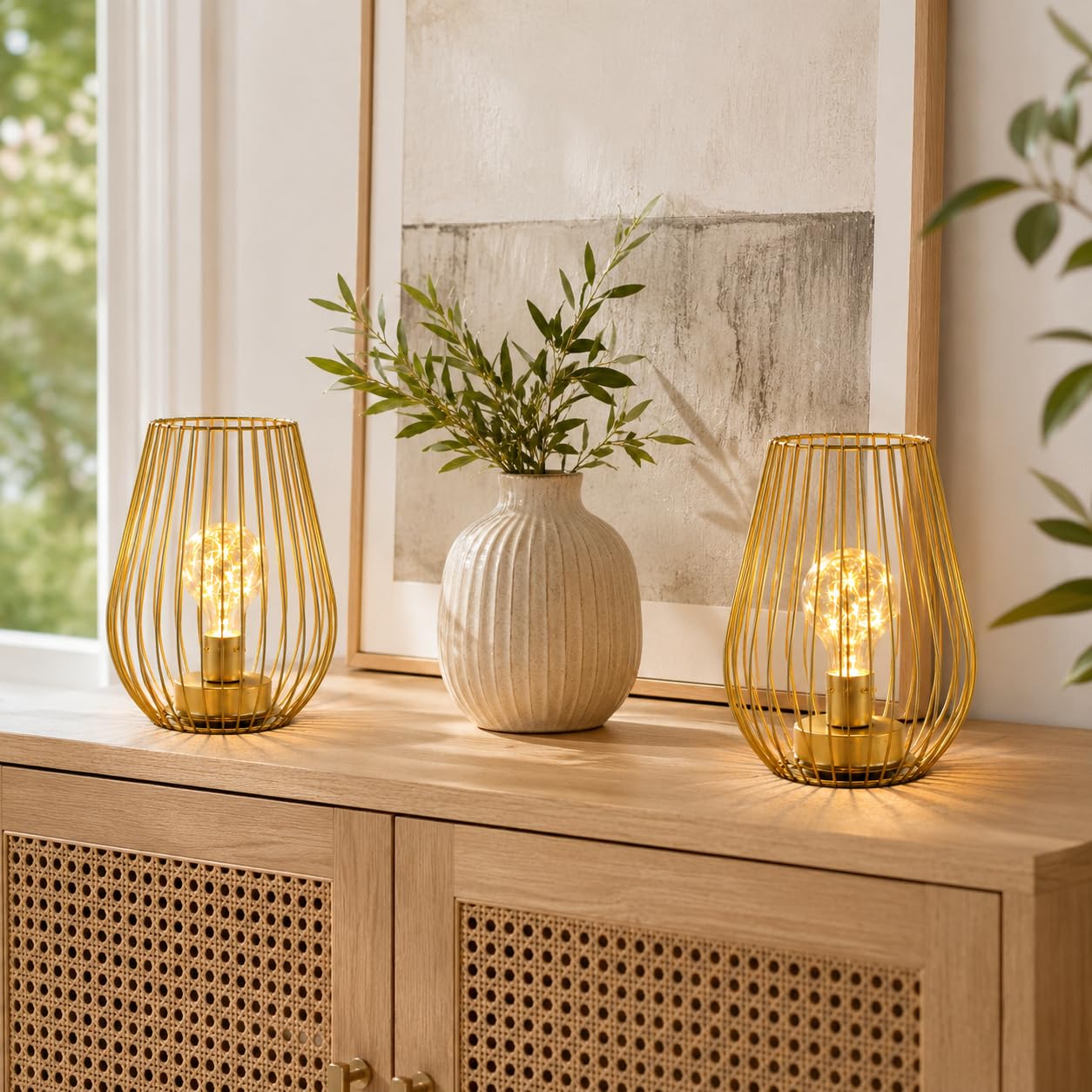 TRIROCKS Set di 2 lampade da tavolo senza fili in metallo, altezza 20 cm, a forma di gabbia, alimentate a batteria, per interni ed esterni, per Natale, giardino e matrimoni (oro)