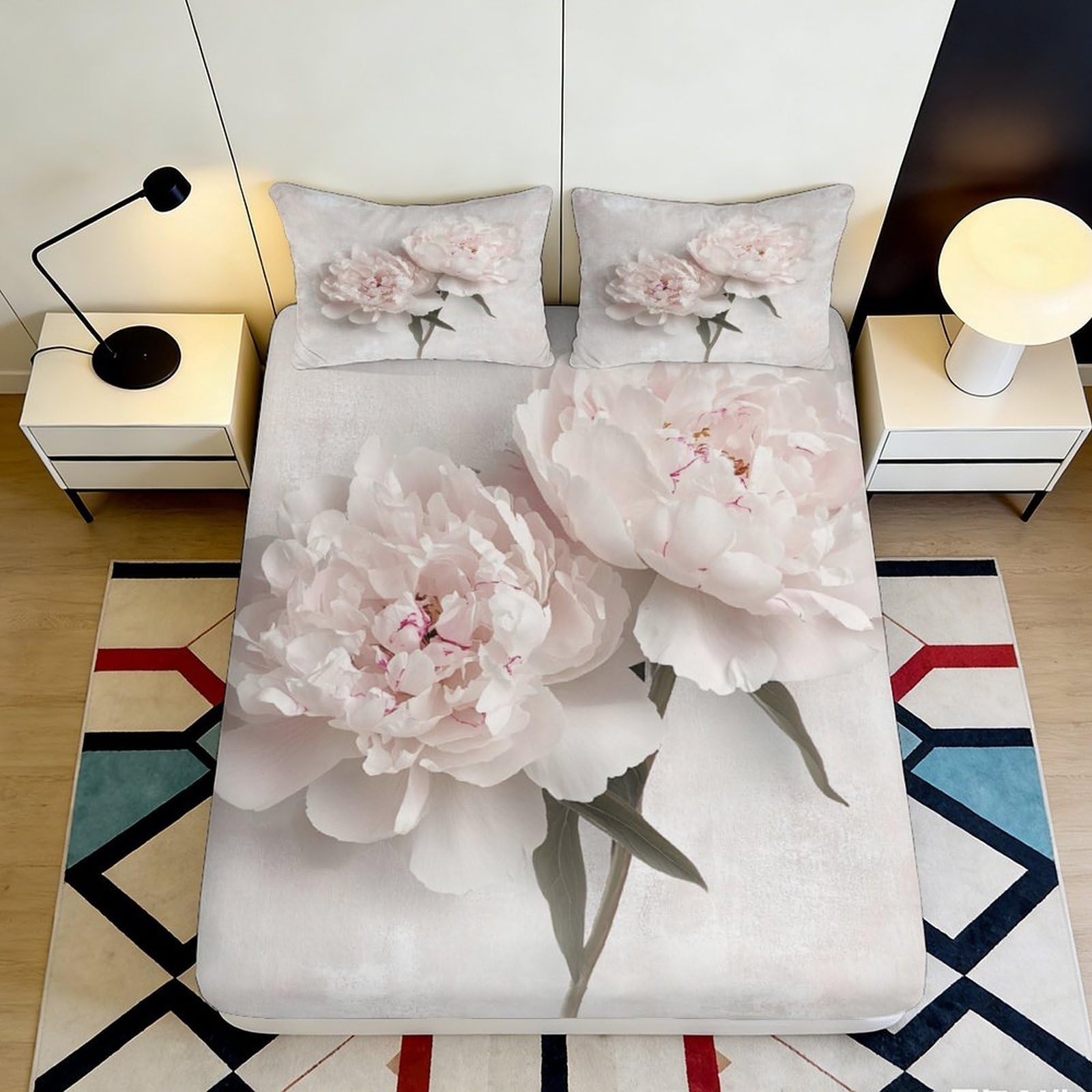 3D Printed Blush Peony Fitted Sheet Microfiber Soft Floral Bed Cover for Bedroom Guest Room Mattress Protection Decor 90x200x25cm