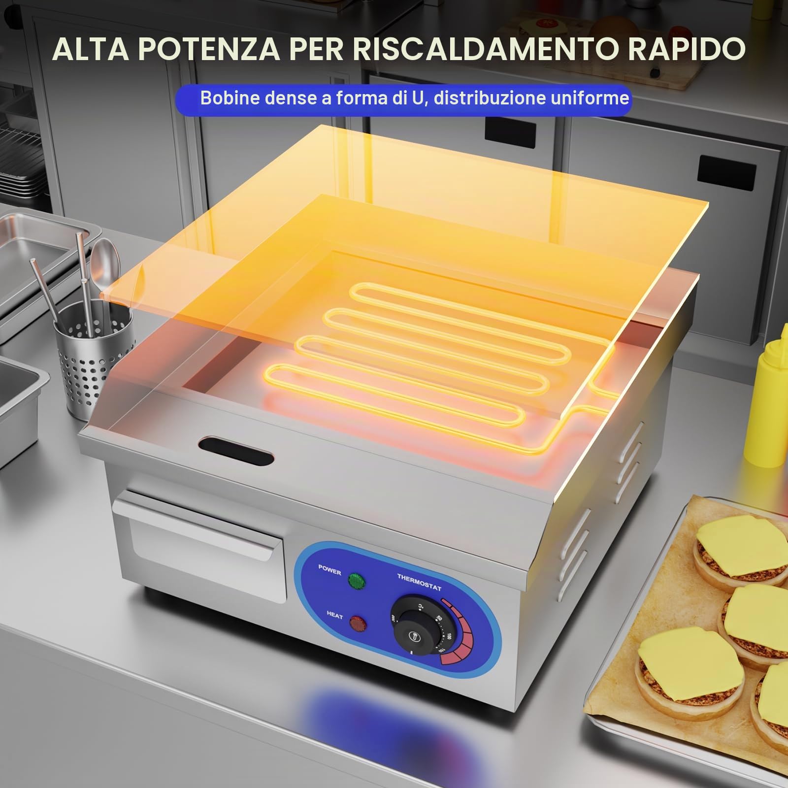 TAIMIKO 14" Piastra elettrica in acciaio inox Grill da tavolo professionale 220-240 V 1700 W Piastra grill in ferro superficie liscia anti-spruzzi (35,5 x 30 cm)