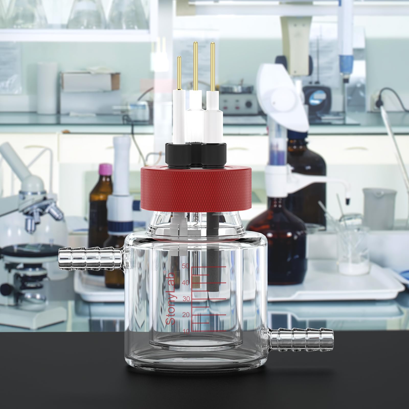 stonylab Célula Electroquímica Sellada con Baño María de Doble Capa y Cámara de Reacción con Camisa, Sistema de 3 Electrodos con Salida de Gas, para Electroquímica y Electroanálisis, 50 ml