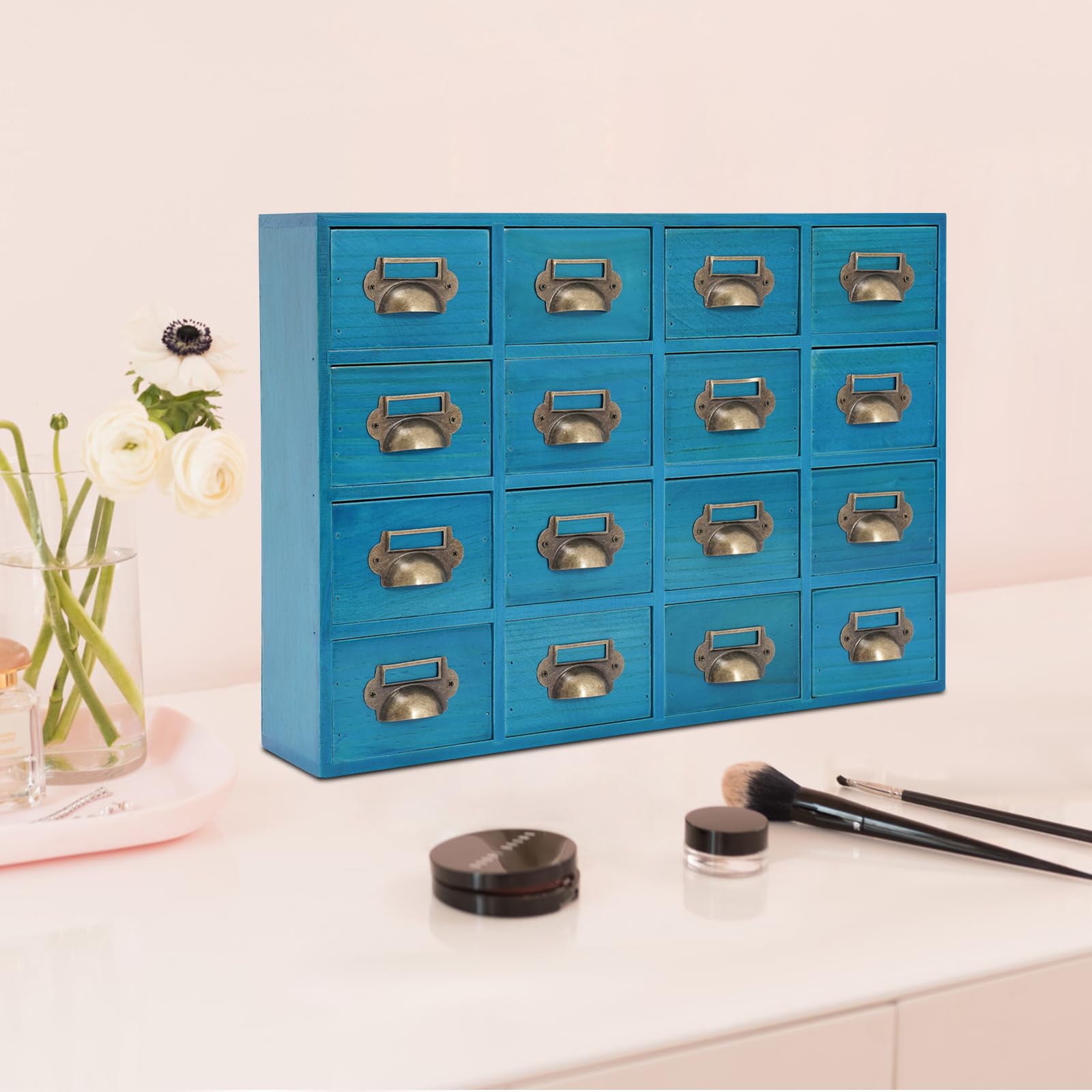 Vintage Schreibtisch-Organizer aus Holz 16 Fächer 50 x 35 x 10 cm (Blau)