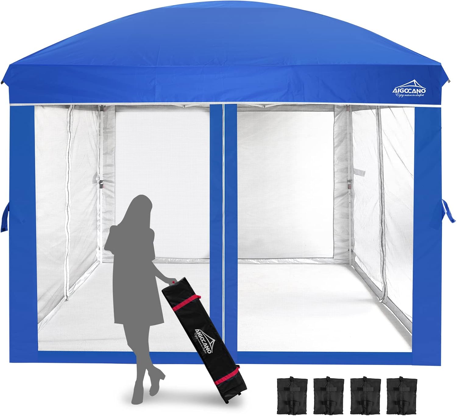 AIGOCANO Canopy Tent with Netting Screen,10x10 Easy Pop Up Gazebo for Outdoor Parties,Camping,Foldable Patio Gazebo with Roller Bag and 4 Sandbags (Blue)