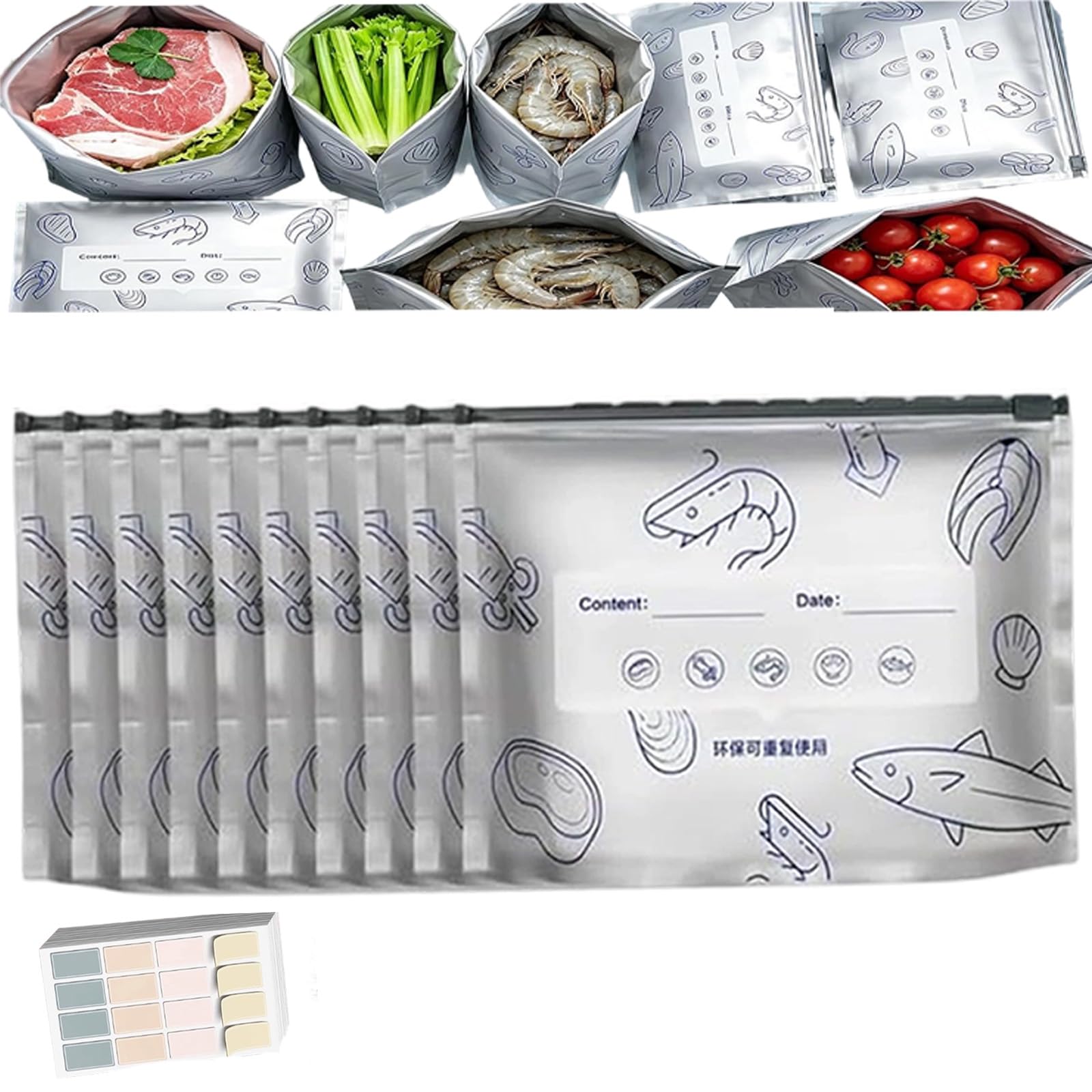 Reusable Aluminum Foil Sealable Storage Bags, Reusable Freezer Bags,Food Bags Zip Seal with Label for Frozen Meat Vegetables Sandwiches Snacks (1PC-10(s))