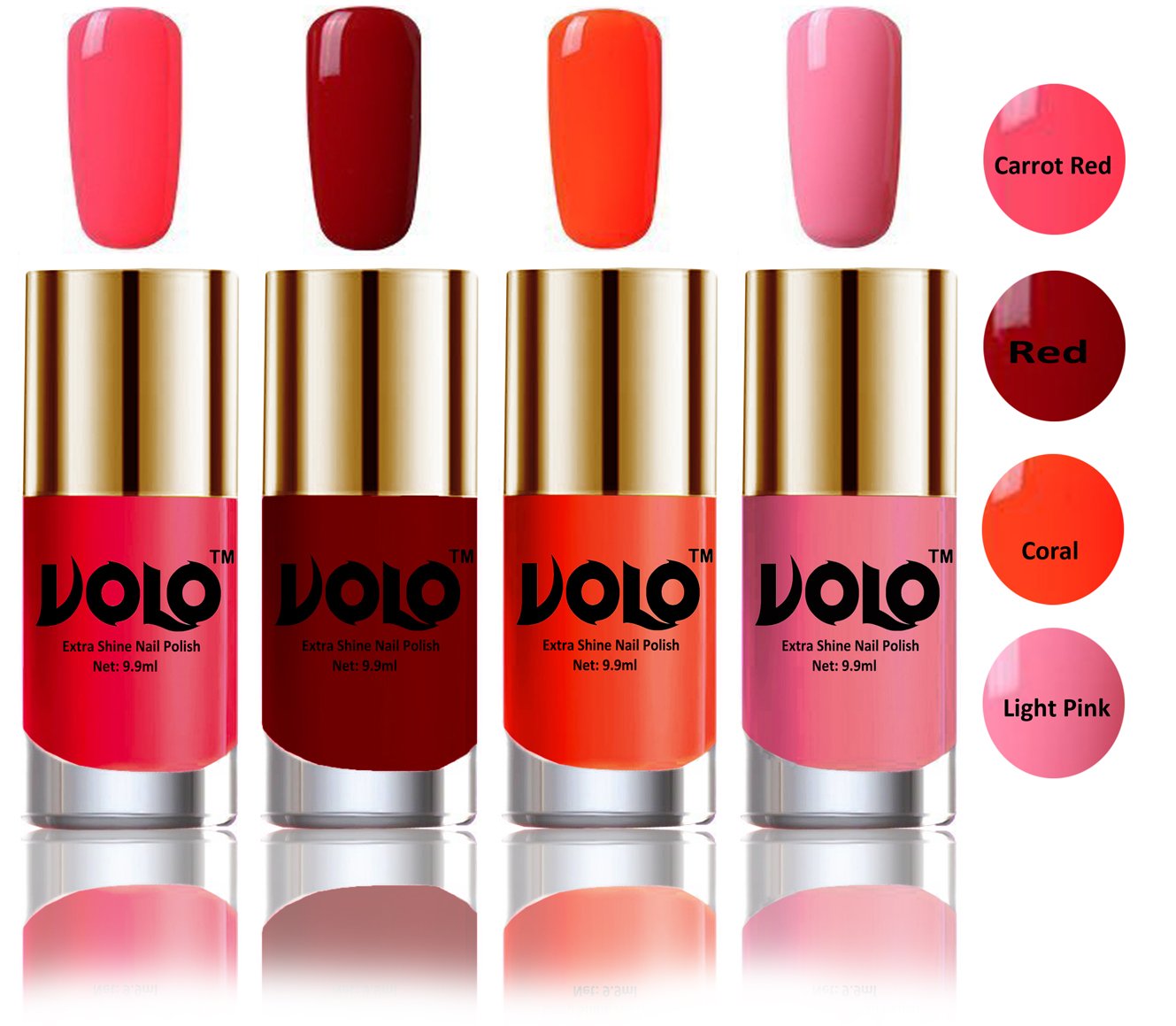 Volo HD Colors High-Shine Long Lasting Non Toxic Professional Nail Polish Set of 4 (Carrot Red, Red, Coral and Light Pink)-image-14