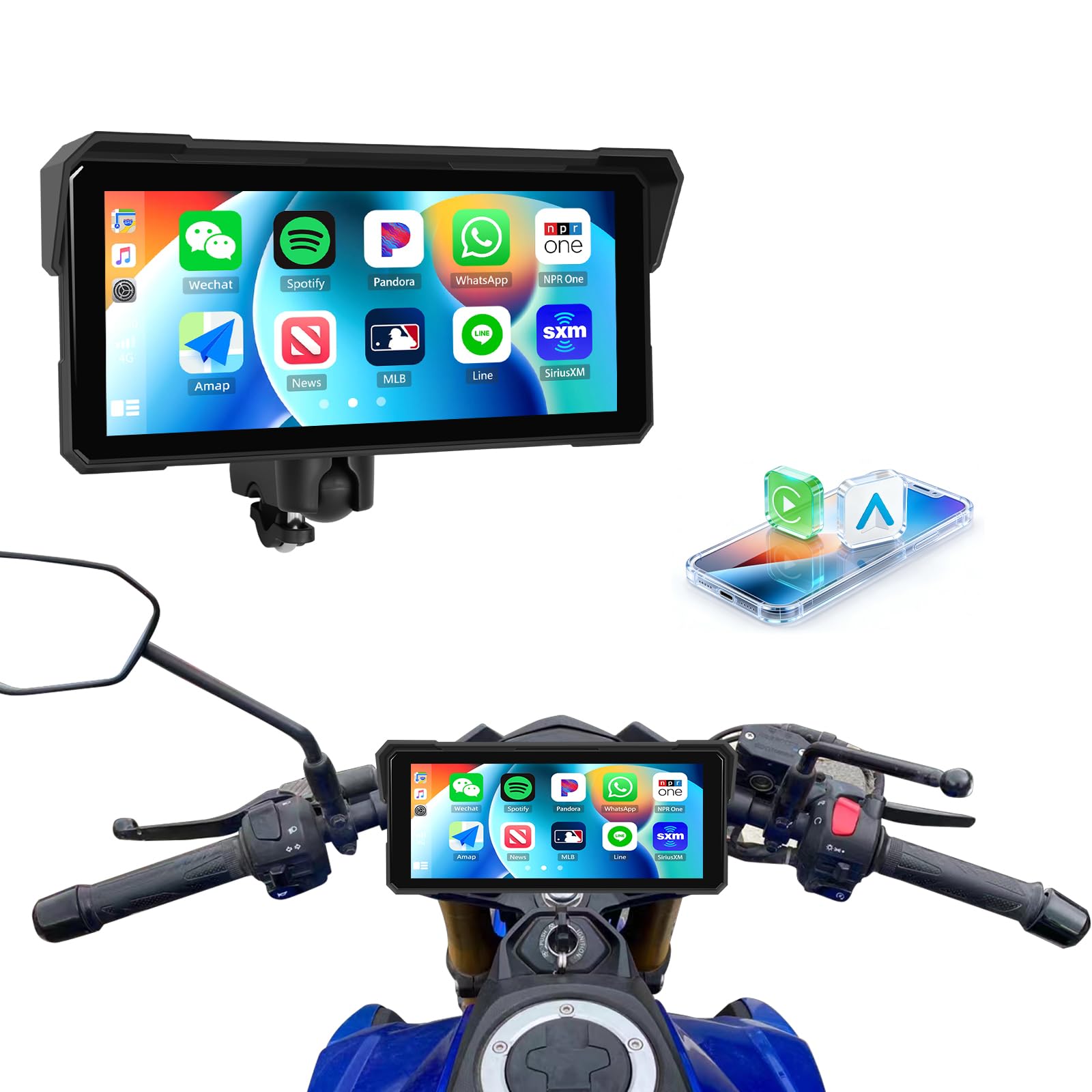 SIXTOP Écran Carplay pour Moto, CarPlay et Android Auto sans Fil pour Moto, Écran Tactile Étanche de 8,1 Pouces, Audio Bluetooth, Navigation GPS, Égaliseur, Siri