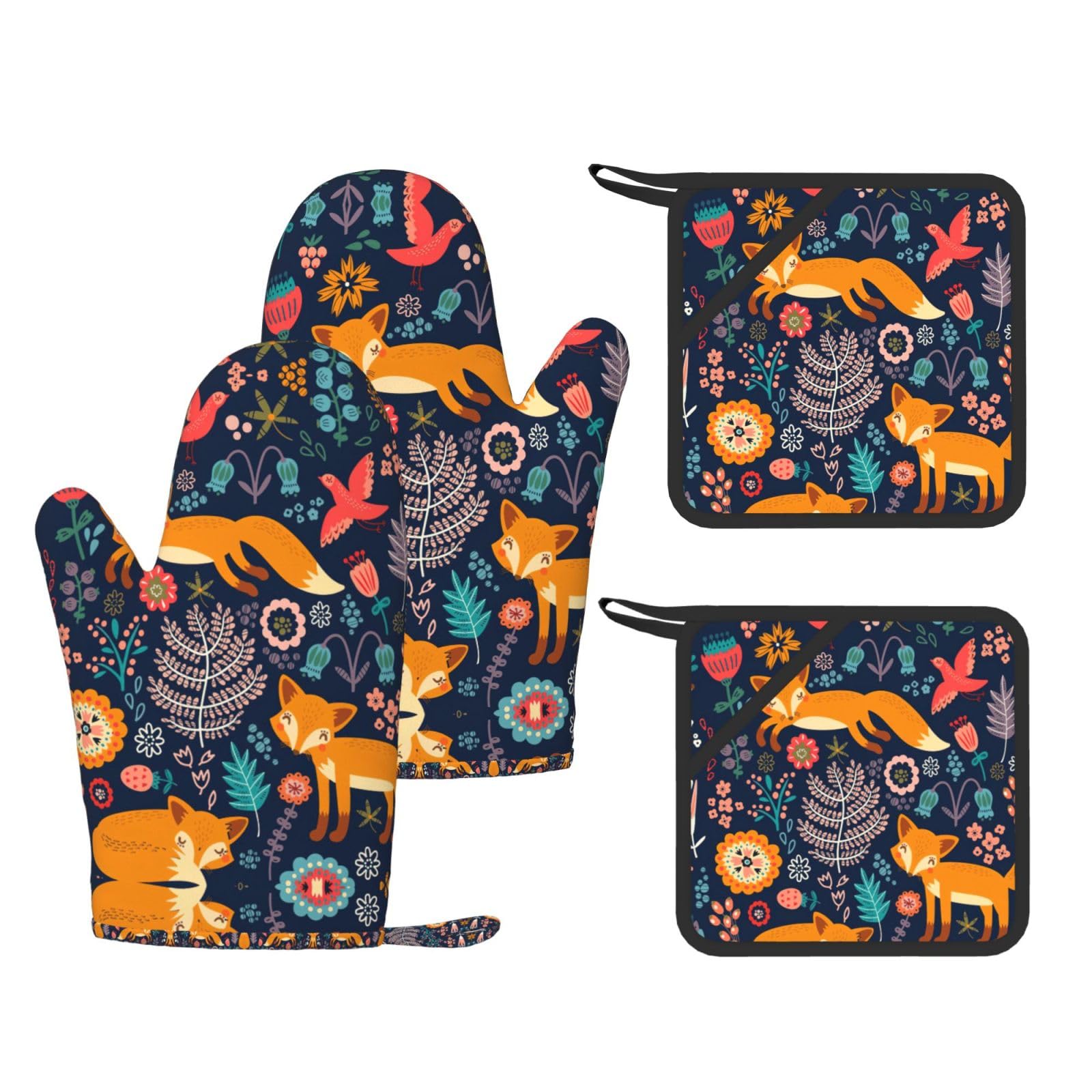 Owl Rabbit Birds Fox Trendy Printed Kitchen Set with Heat Resistant Gloves & Non-Slip Hot Pads for Baking & Grilling