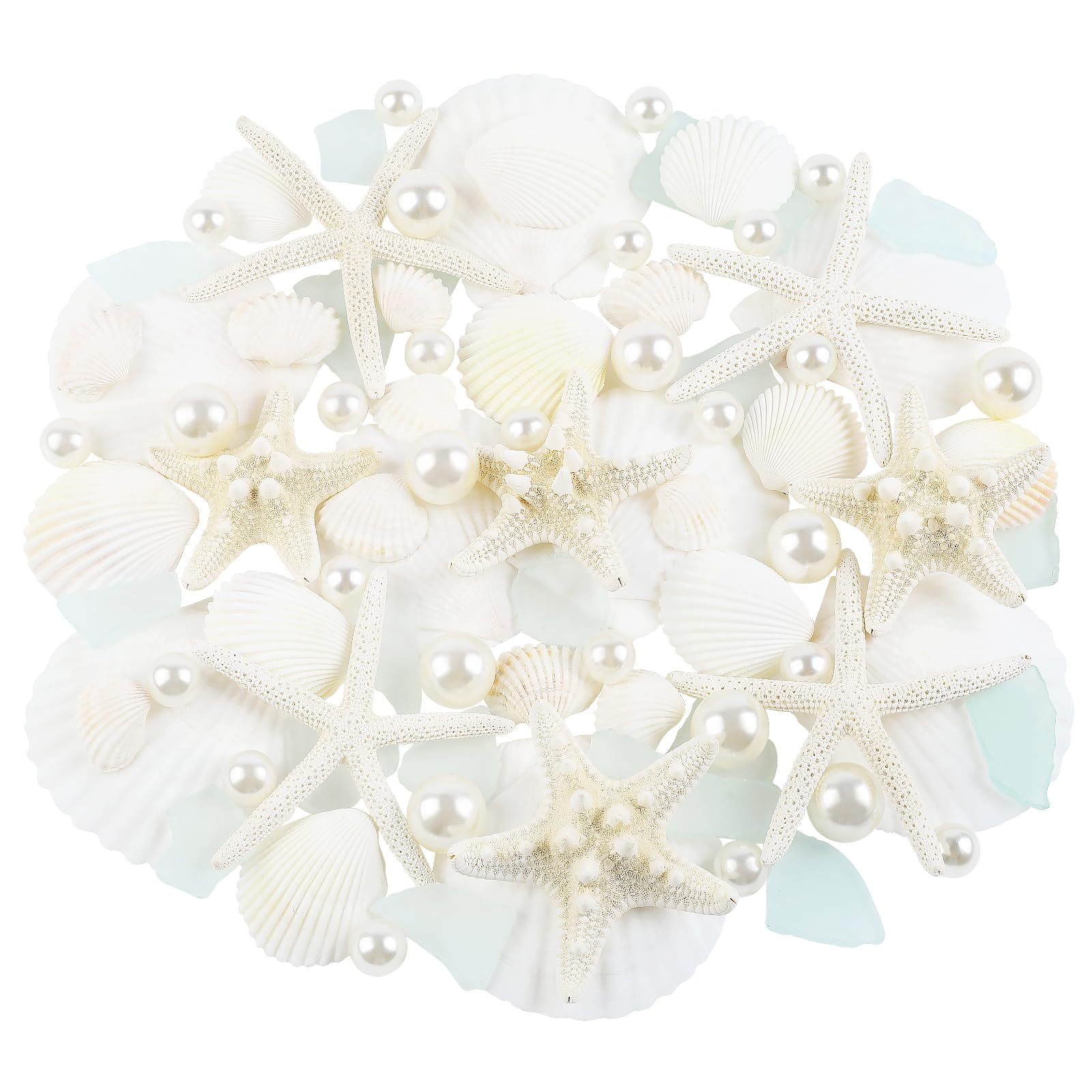 TaoQ C 36 PCS Starfish Scallop Shells, 5 CM - 10 CM Natural White Seashells with Seaglass and Pearls Natural Beach Seashell for Crafts Home Wedding Ocean Themed Party Decoration