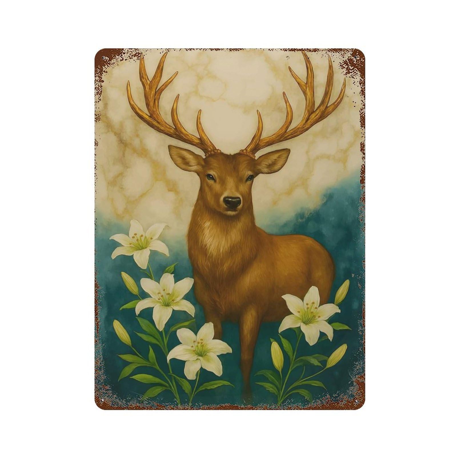 Deer with Lilies Painting Rustic Tin Plaque 15.7"x11.8", for Pub, Kitchen And Man Cave Decor, Vintage Wall Decor