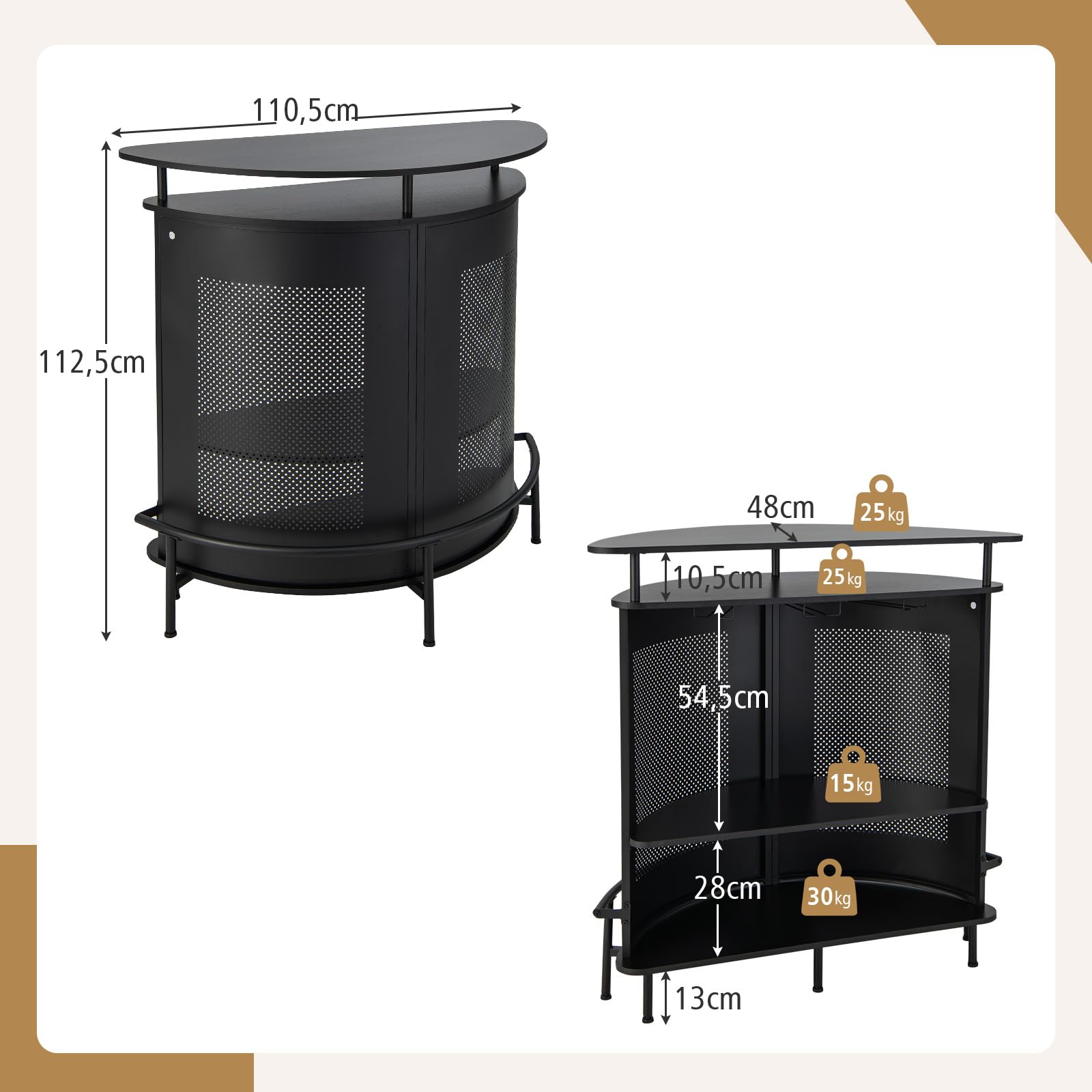 COSTWAY Bartisch Küche, Küchentheke mit Stauraum und Fußstütze, Theke Bar mit Metallrahmen, verstellbare Füße, 110,5 x 48 x 112,5 cm, schwarz