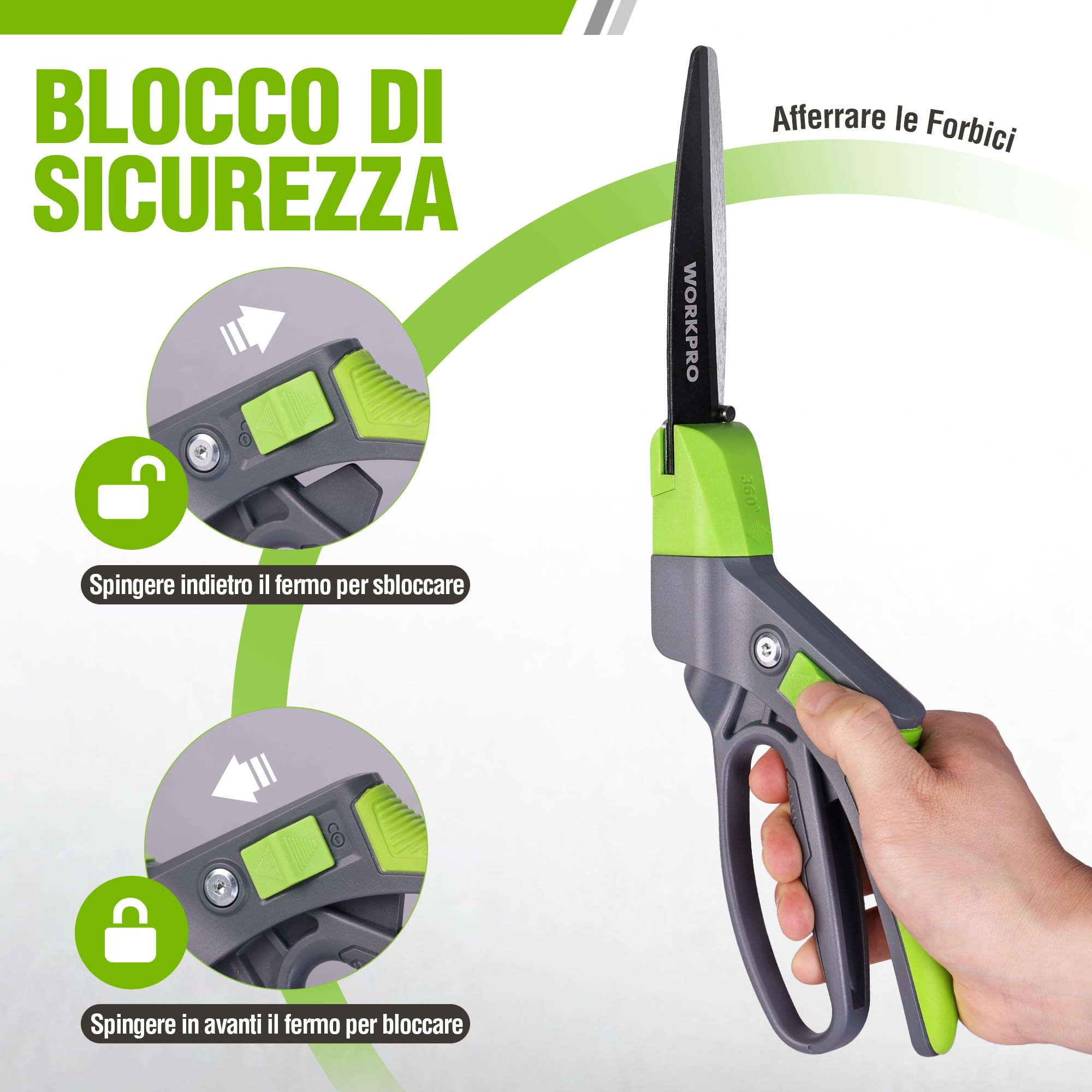 WORKPRO Forbici da Erba Rotanti 360°, Cesoie da Giardino 350mm con Lama Rivestita Antiruggine, Impugnatura Ergonomica, Blocco di Sicurezza per Prato, Piante e Bonsai