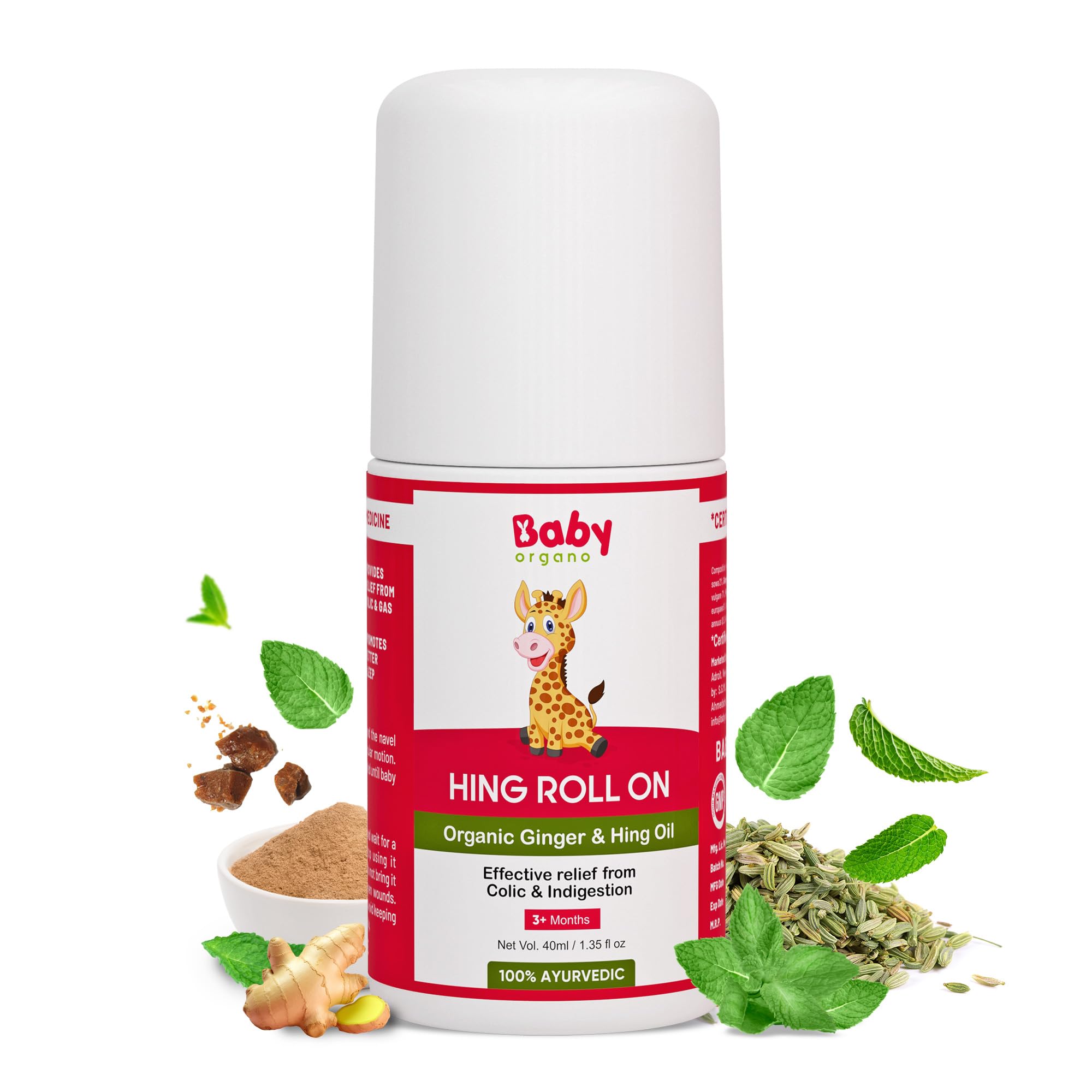 BabyOrgano Hing Roll-On for Babies & Kids – 40ml – Ayurvedic Tummy Relief with Organic Ginger & Hing Oil – Helps with Gas, Colic Relief, Constipation and Indigestion– Alcohol & Preservative Free