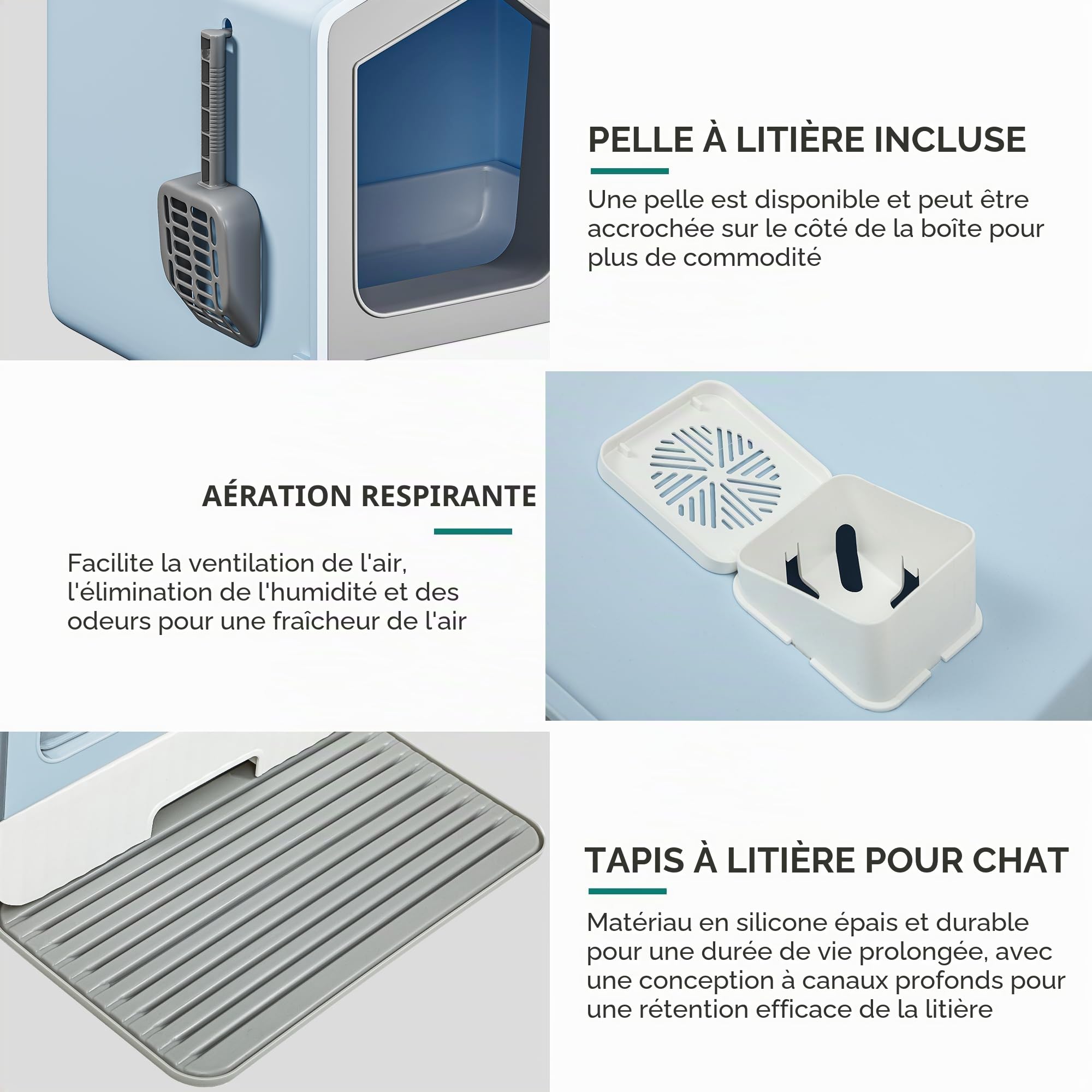 YITAHOME Bac à litière pour chat avec couvercle, pelle, nettoyage facile, côtés hauts (bleu)