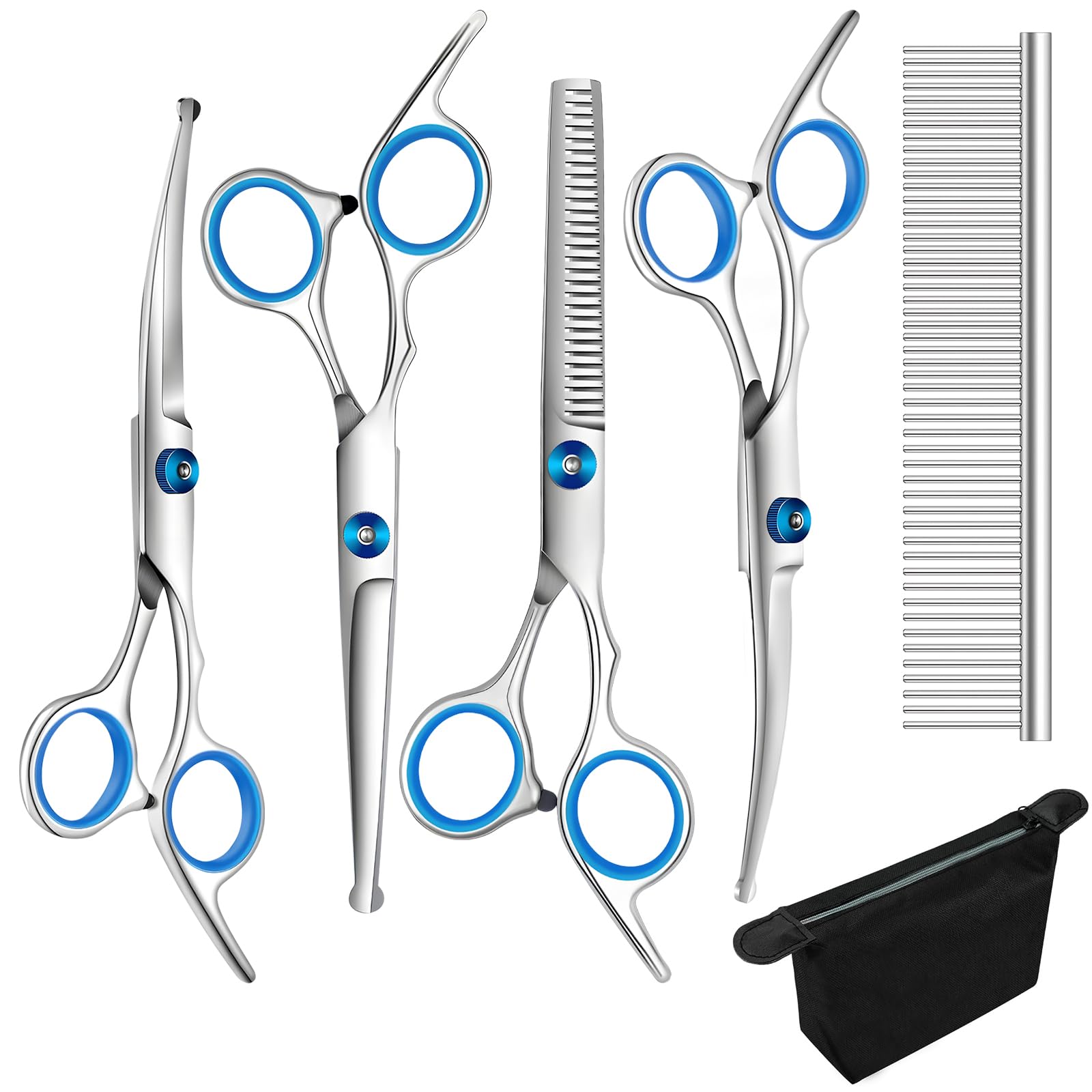 6 Pieces Dog Grooming Curved Scissor for Dog Professional Pet Grooming Scissors with Safety Round Tip Stainless Steel Pet Hair Trimming Scissors Set including Storage Bag