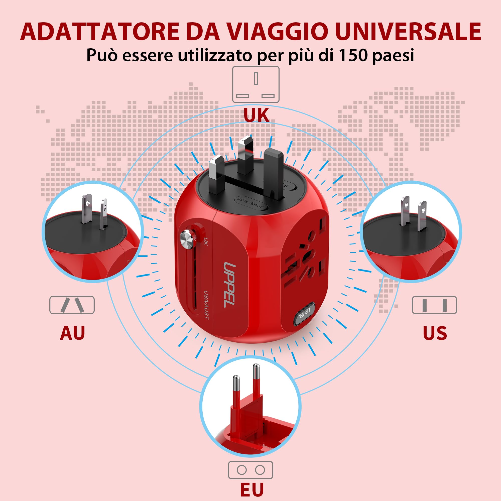 Milool Adattatore Universale da Viaggio con QC3.0 Quick Charge 2 Porte USB 3.0 e 1 Interfaccia Type-C US/EU/UK/AU in One Caricatore Multifunzioni per Oltre 180 Paesi, 2 Fuse (Spare Fuse) -Rosso