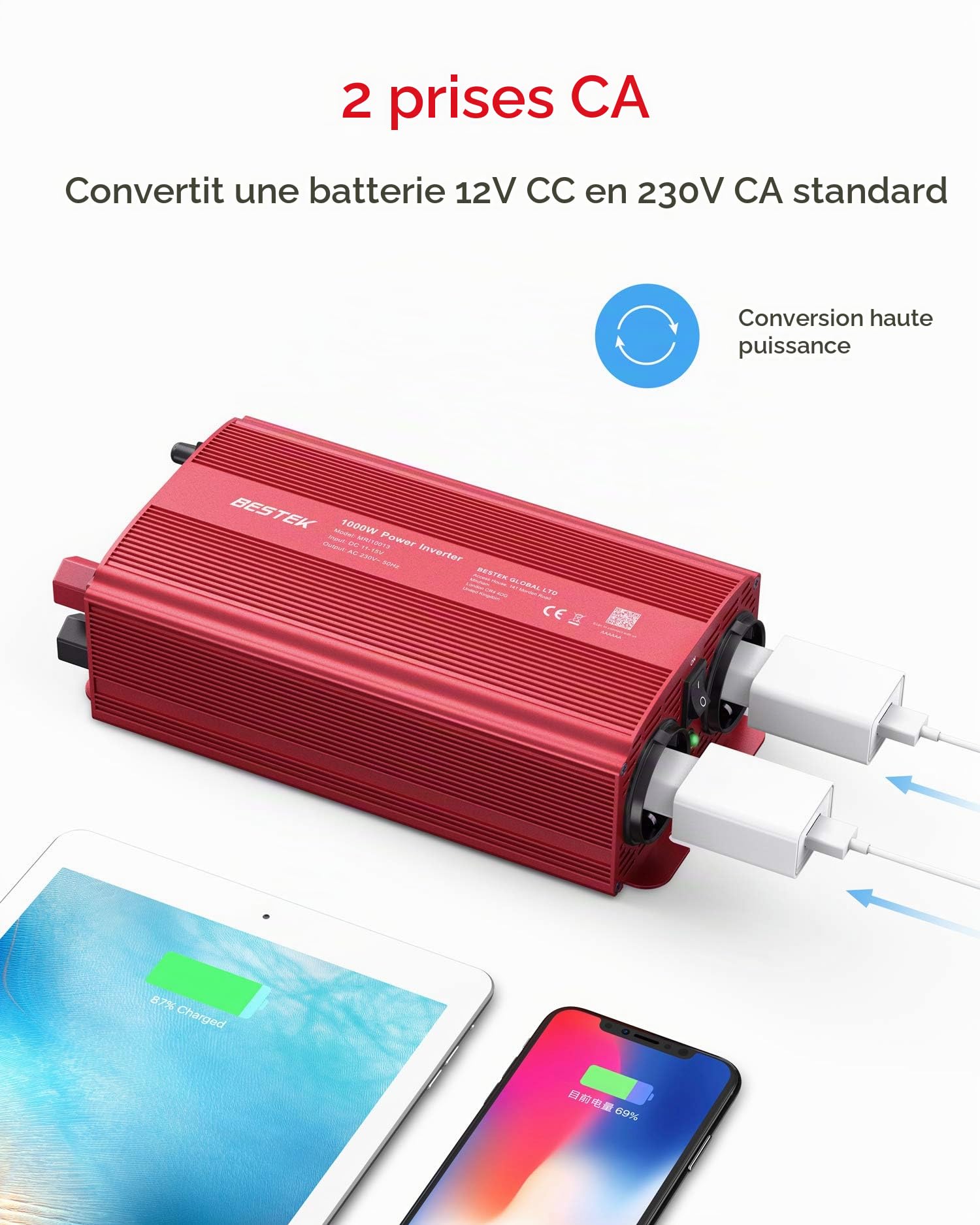 BESTEK 1000W Convertisseur 12V 220V 230V Camping Car Prise Européenne Sinus Modifié avec Pinces Onduleur 12v 220v pour Voiture Camion Bateau