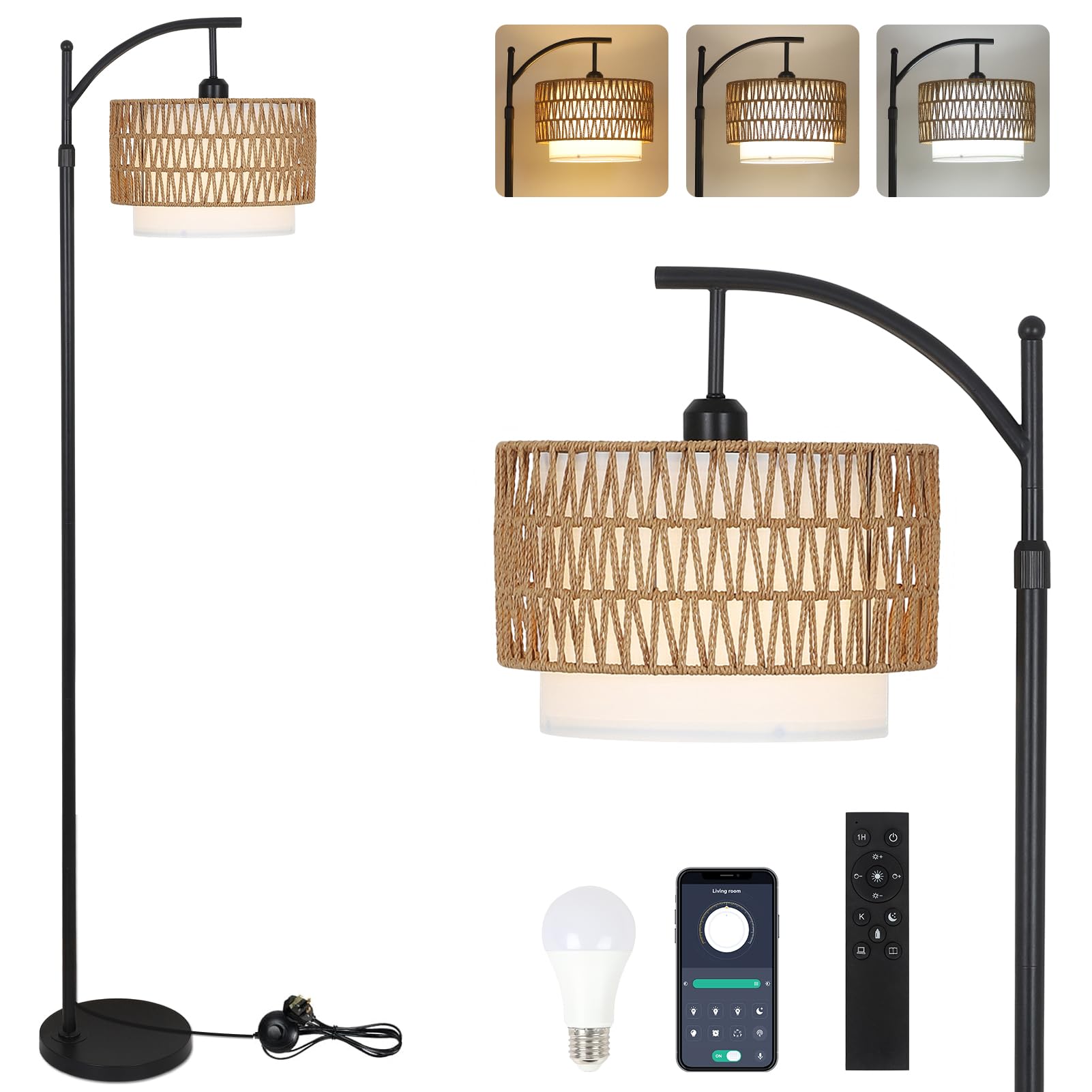 Rayofly Arc Floor Lamp for Living Room, Dimmable Floor Lamps with Remote Control, Boho Standing Lamp with Rattan & Linen Double Shades, Black Reading Tall Lamp for Bedroom Office — image 1