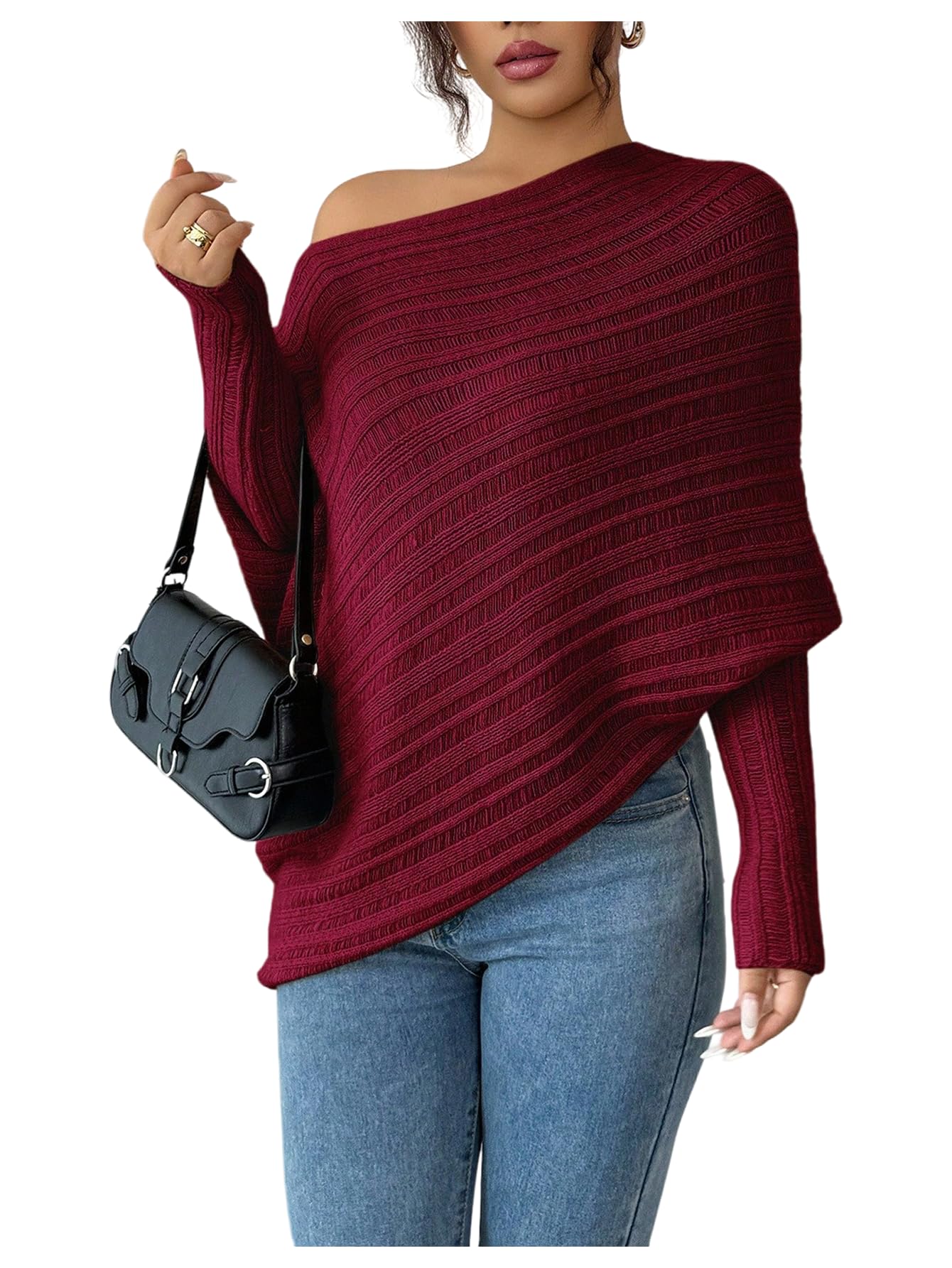 Milumia Womens Off The Shoulder Sweater Dolman Long Sleeve Asymmetrical Knit Tops