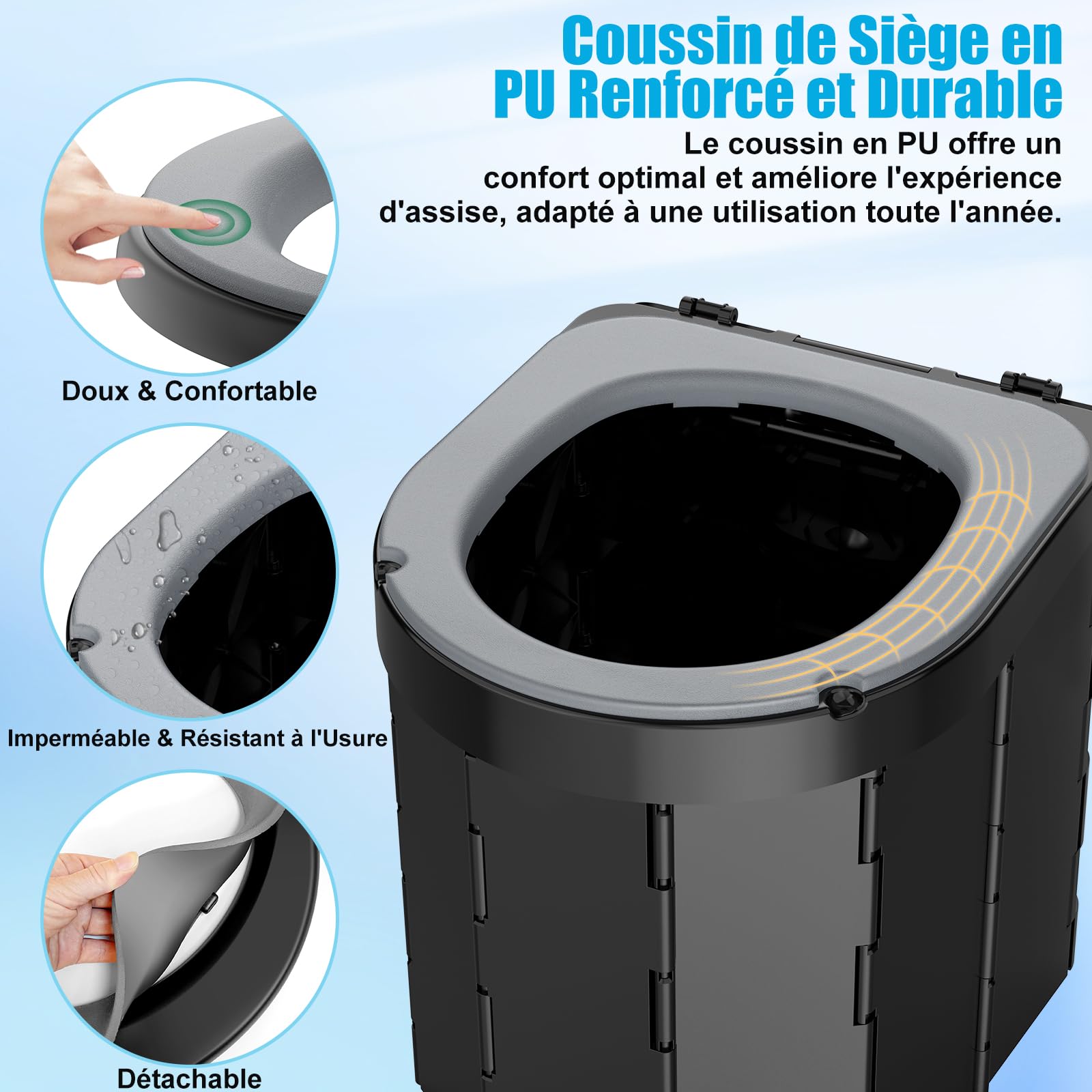 WADEO Toilettes de Camping Pliables, [Max 181 kg] [7 Panneaux Renforcés] Portables avec Couvercle et Porte-Papier, pour Adultes, Voyage, Randonnée, Van