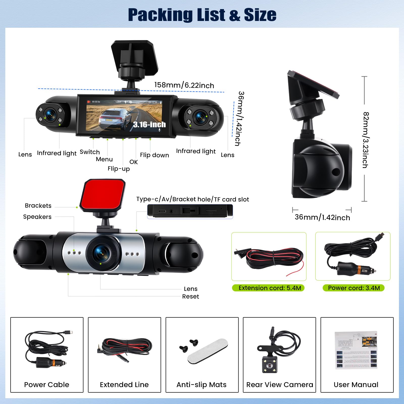 OiLiehu Cámara para Salpicadero 3,16 Pulgadas para Coches, Grabación Frontal e Interior Full HD 1080P, Lente Dual con Gran Angular 150°/G Sensor/Grabación en Bucle/Visión Nocturna