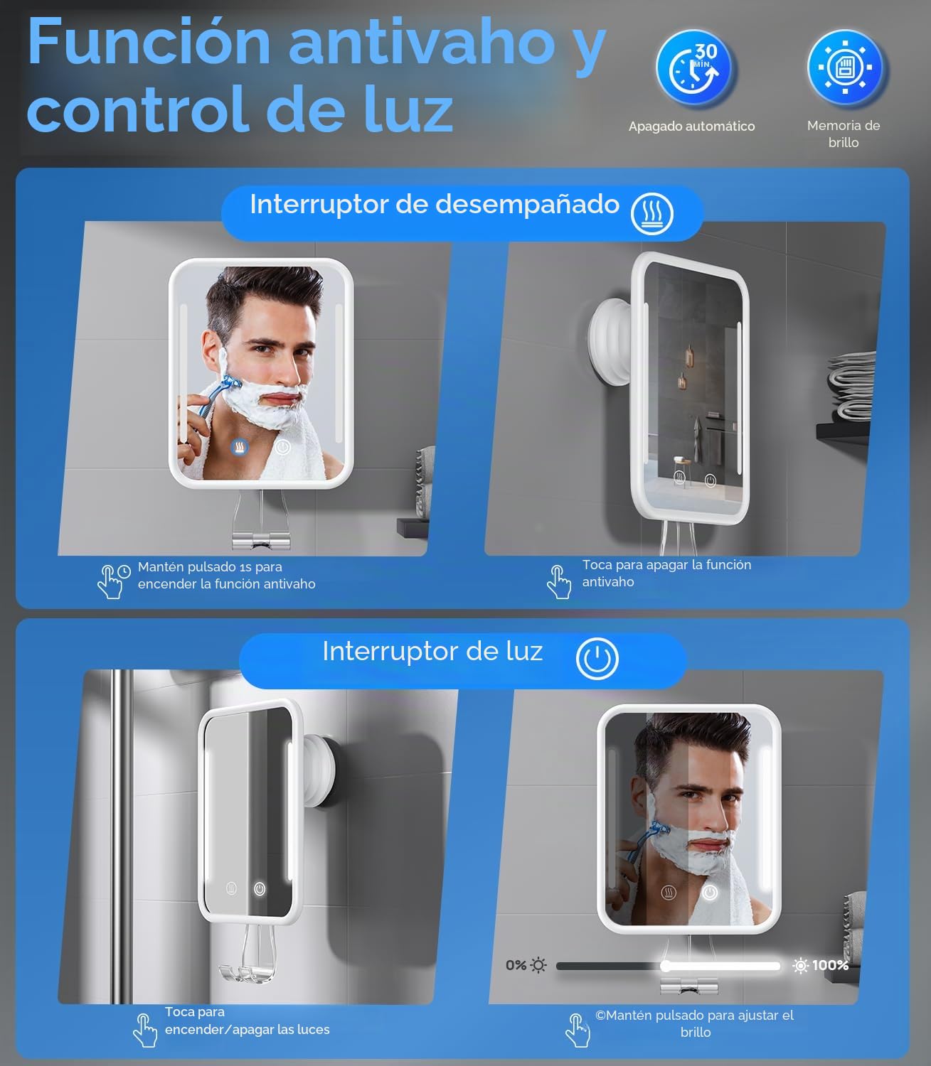 Gospire Espejo de Ducha con calefacción sin Niebla para afeitarse con luz, batería Recargable de 5000 mAh, Ventosa Desmontable y Soporte para maquinilla de Afeitar para Pared, sin perforación