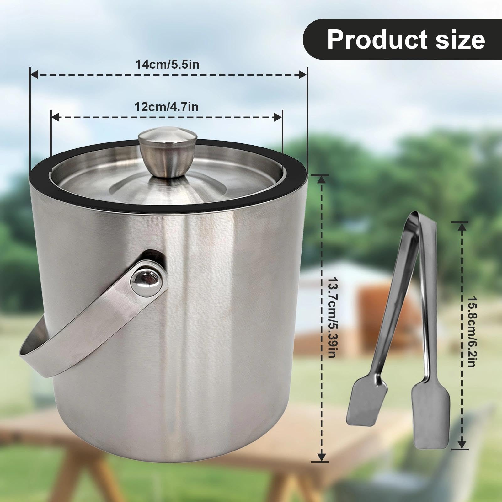 Seau à glaçons en acier inoxydable de 1,6 l - Double paroi - Avec couvercle - Passoire et pince - Passe au lave-vaisselle - Pour fêtes, jardin, barbecue, bière, vin, champagne