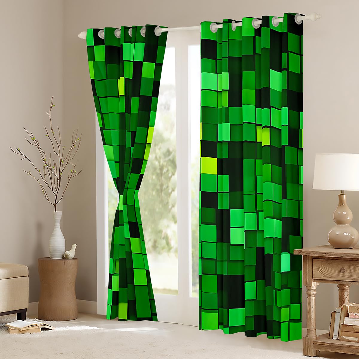 Manfei Pixelated Blocks Miners Rideaux occultants pour fenêtre de jeux vidéo Motif géométrique Patchwork Chambre à coucher Salle de jeux Vert 2 panneaux 117 x 137 cm