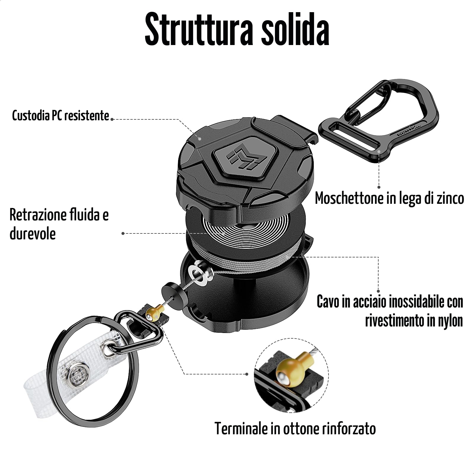 MNGARISTA Portachiavi retrattile da 2 pezzi, porta badge a moschettone per impieghi gravosi, bobina badge identificativo tattico con cavo retrattile in acciaio da 80 cm, 226 g