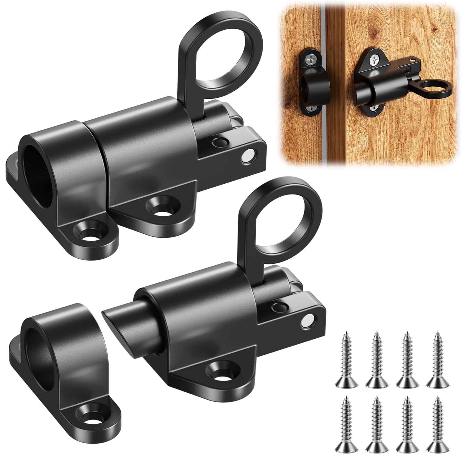 2 Pcs Door Bolt Spring Latch, Door Latch Black, Gate Bolts for Wooden Gates, Latch Lock Black Bolt for Windows, Cabinet Doors, Garden Gates, Animal Cages, etc