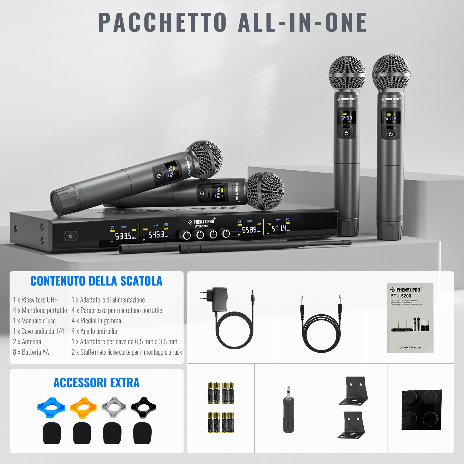 Phenyx Pro Sistema Microfono Wireless UHF a 4 canali PTU-5200-4H | 4 microfoni palmari dinamici, 25 frequenze per canale, Portata 60 m, Canto, Karaoke, Cerimonie religiose, Set DJ