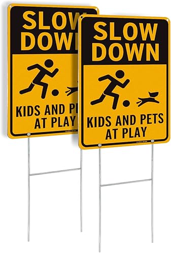 Paquete de 2 letreros metálicos de Slow Down para niños y mascotas en juego con estacas en H, letreros reflectantes de aluminio de 14 pulgadas y 10