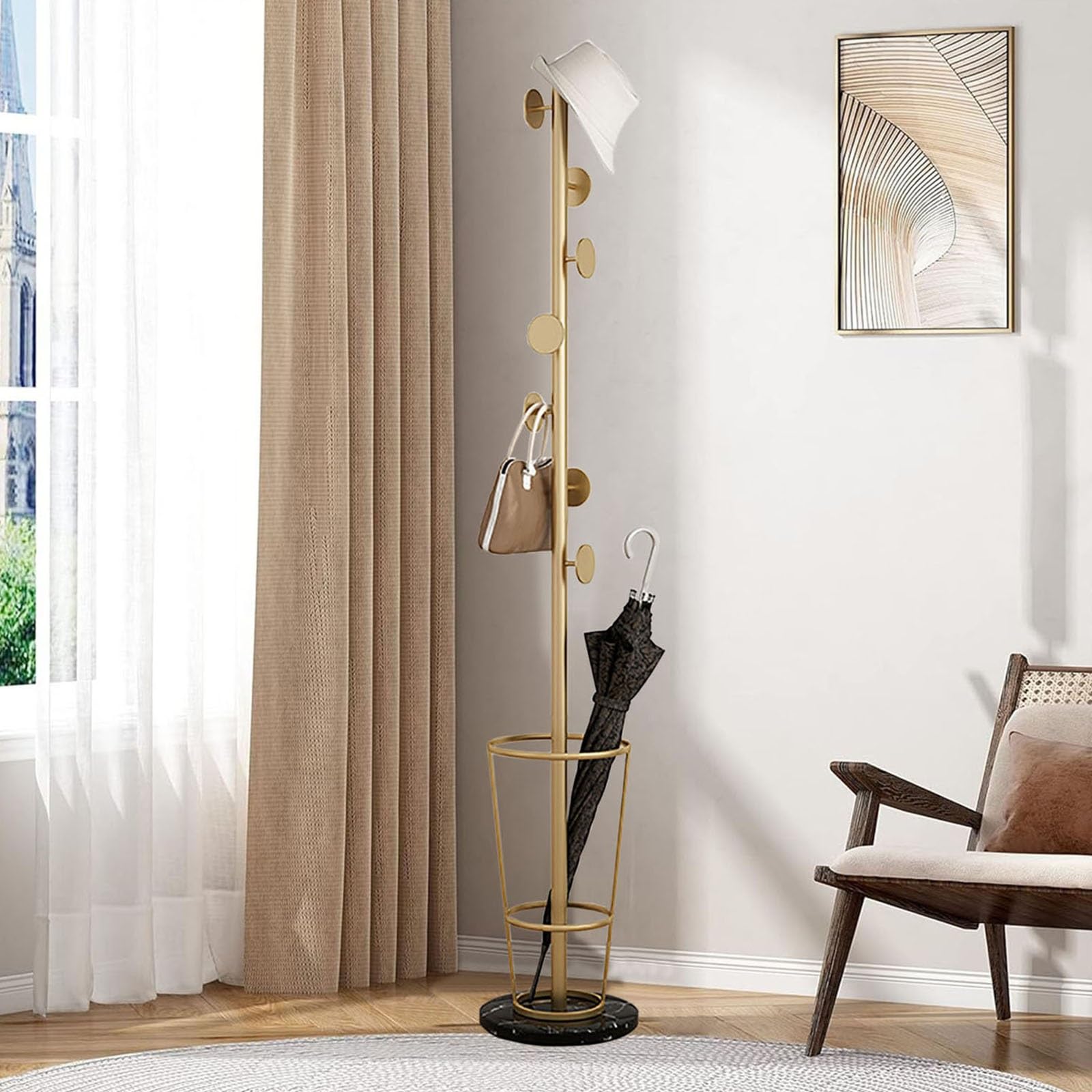 HYLYGFH Entryway Umbrella Holder Stand with Coat Rack Space Saving Design Multiple Hooks Solid Marble Base