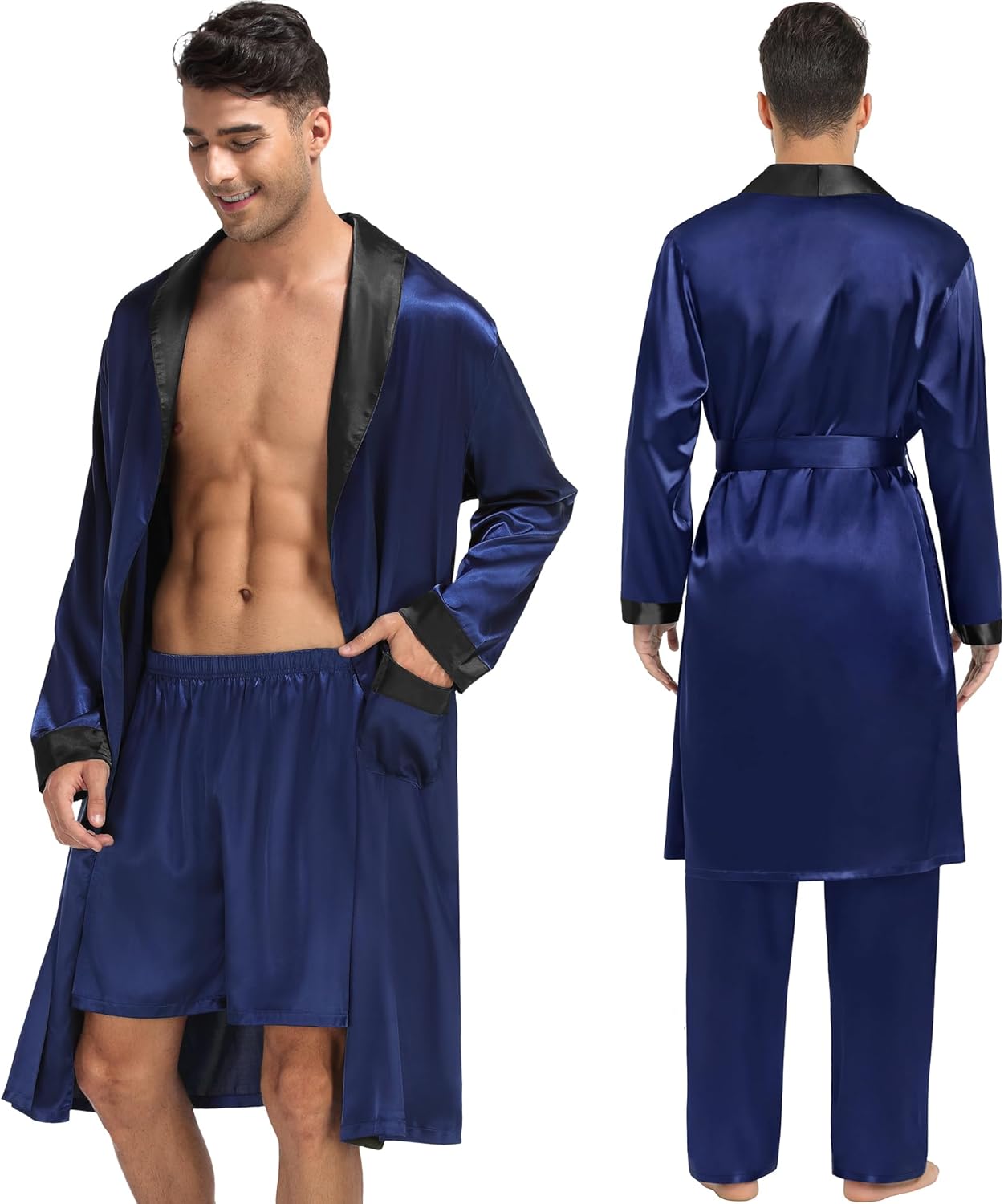 SWOMOG Men's 3 Pcs Robe Silk Satin Kimono Bathrobe with Shorts&Pants Set Lightweight Soft Sleepwear - Image 5
