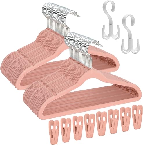 Tinfol Perchas de terciopelo rosa para niños, paquete de 60 perchas antideslizantes para bebé con 8 clips de terciopelo para colgar, perchas de ropa