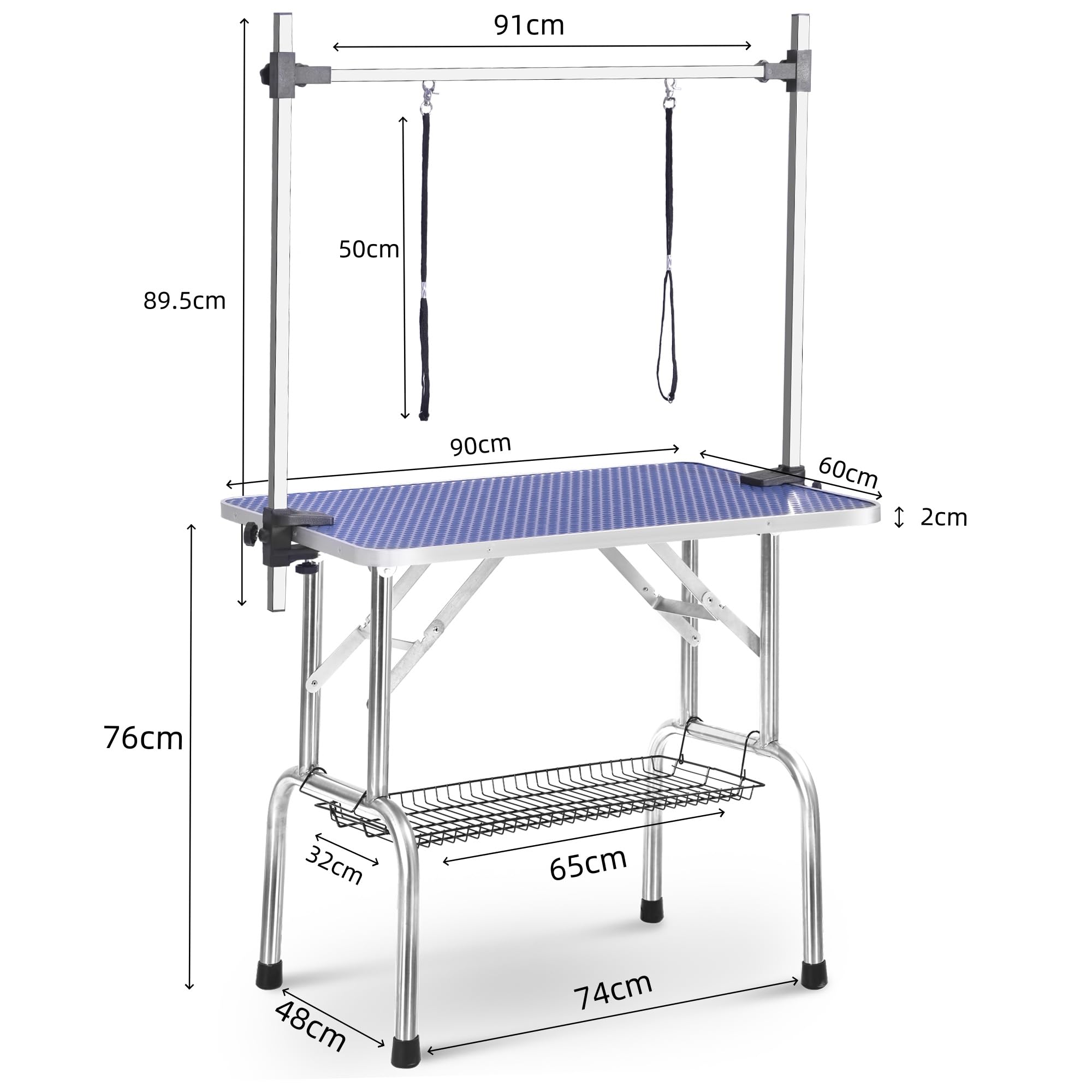 Professioneller Hundepflegetisch mit 60kg Tragkraft & Höhenverstellbar, Grooming Tisch für Hunde mit Arm, Leine und Netzablage, Faltbar, Blau 90x60x76 cm