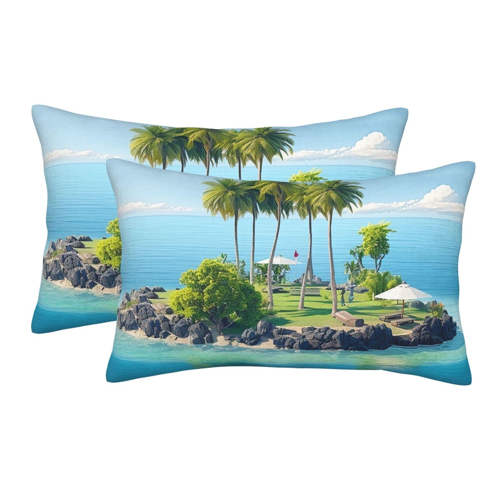 2 Pack Standard Size Pillow Cases for Hair and Skin Soft Breathable Pillow Case Covers with Hidden Zipper Ocean Island Pillowcase 16"x24" Pillow Cover for Sleeping Gift