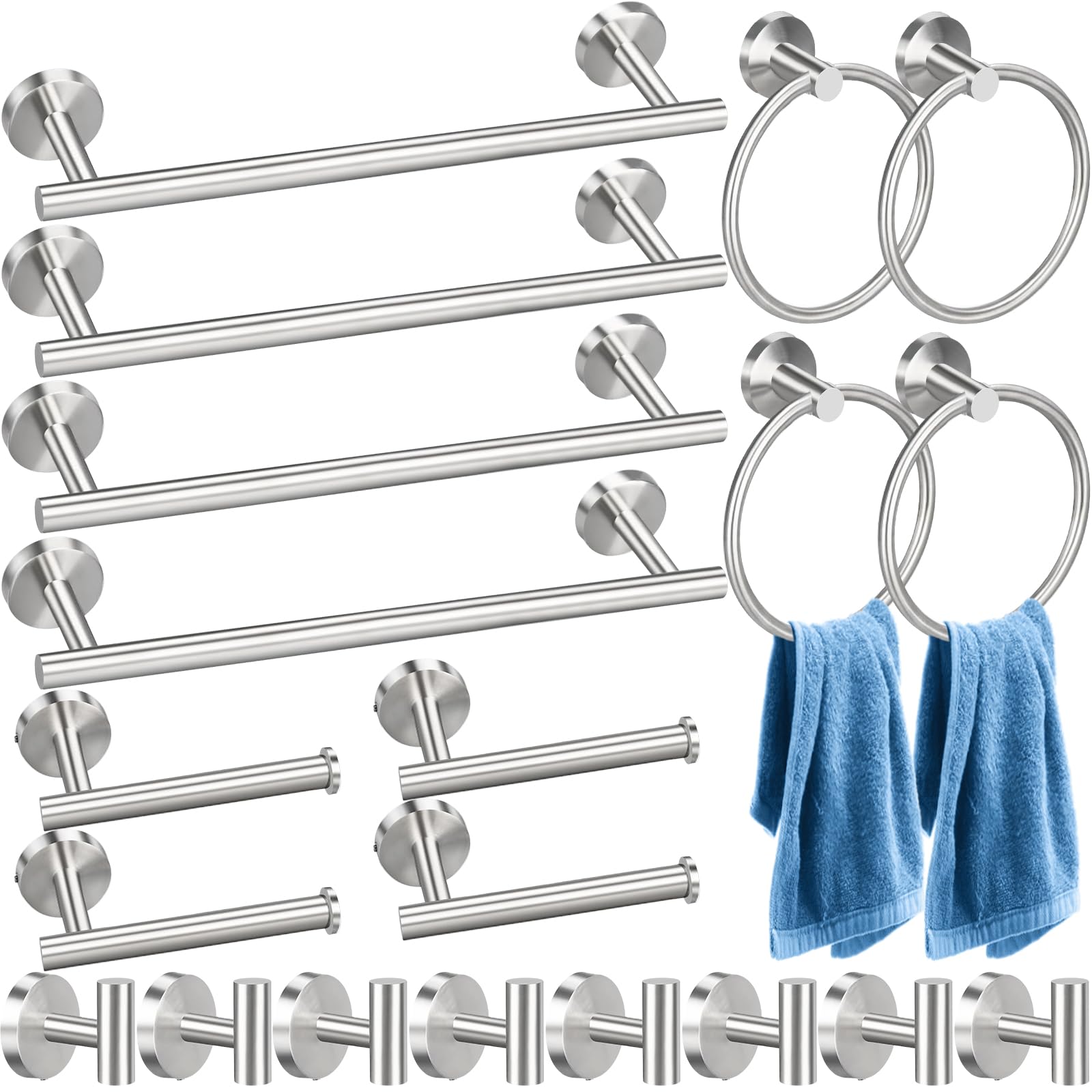 Bathroom Hardware Set 20 Pieces, Stainless Steel Towel Bar Set Includes 4 Packs 15.7 inch Bar, 8 Packs Hook, 4 Packs Ring, 4 Packs Toilet Paper Holder Wall Mounted (Brushed Nickel)