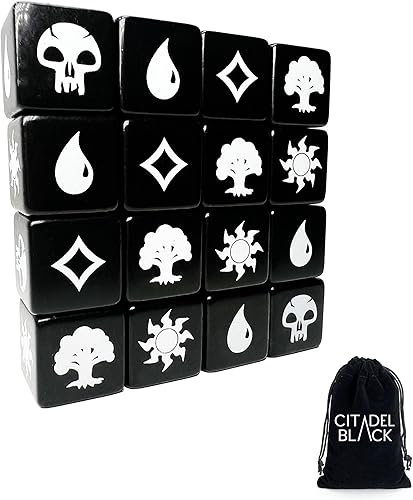 Citadel Black MTG - Juego de 16 dados de maná premium, con bolsa de terciopelo con cordón, Magic The Gathering