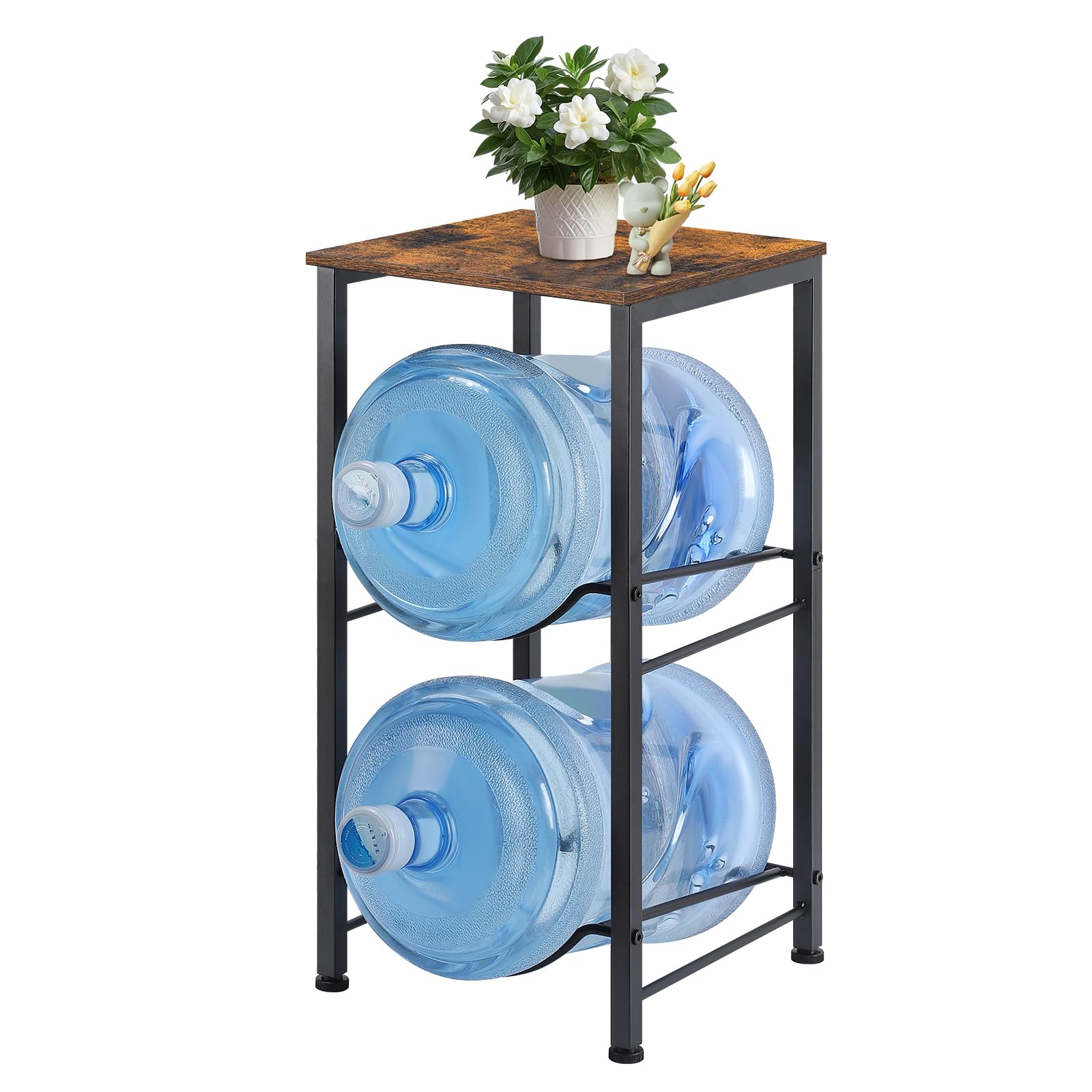 MOOACE Estante para jarra de agua de 5 galones, organizador de 2 niveles para botellas de agua | Soporte dispensador de agua con estantes de almacenamiento para oficina, cocina, sala de estar, marrón rústico